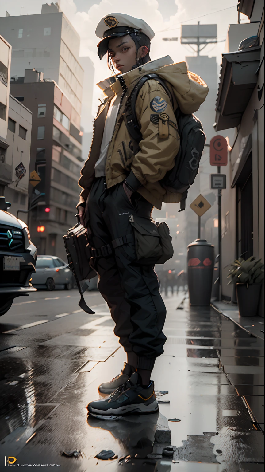 ((Best quality)), ((masterpiece)), 3D, cyberpunk guy with cap and tech wear, nijiloraeagle, khaki jacket, khaki cargo pants, HDR (high dynamic range), NVIDIA RTX, super resolution, unreal 5, Subsurface Dispersion, PBR Texturing, Post Processing, Anisotropic Filtering, Depth of Field, Accurate Light-Material Interaction Simulation, Perfect Proportions, Octane Render, Two-Tone Lighting, Low ISO, 8K RAW,