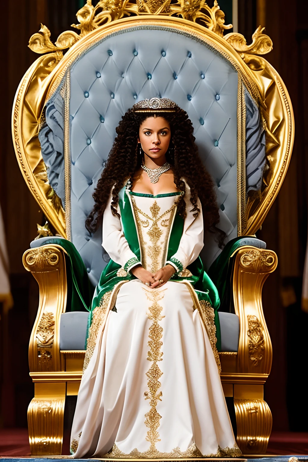 A woman, long curly blond hair, green eyes, in a royal dress, sits on a throne, in the center of a large hall in the style of 18th century Russia. A man, short black hair, gray eyes, stands behind the throne.
