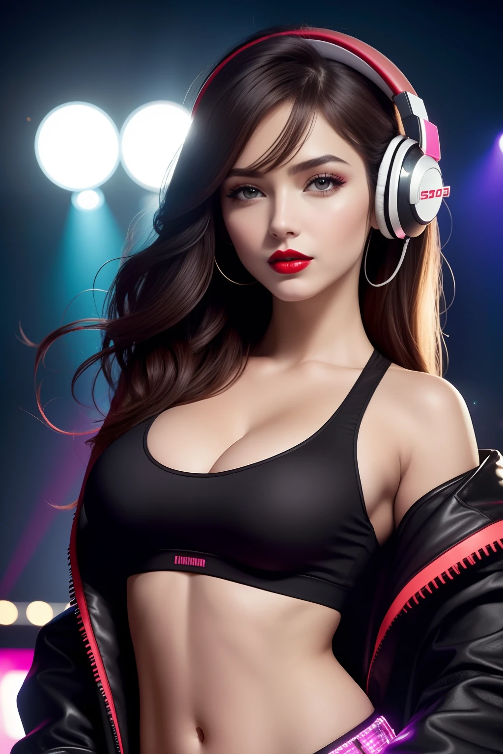 style-paintmagic,（high detail, hyper quality, high resolution, 16k UHD）, (official art), Cowboy shoot, Female DJ, Fashion sports bras, off-shoulder jacket, headphones, The upper part of the body, Look at the crowd, Disco lights, Perfect light and shadow,depth of fields,fashi-girl,realistic, makeup, red lips, big boobs, full,