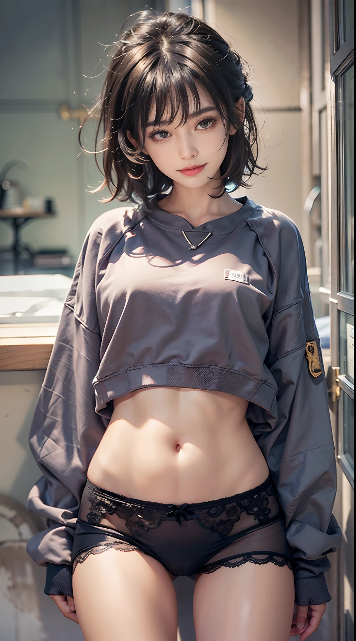 (NSFW), 1womanl, Solo, 24 year old, 7headed body, (cute  face), (Ideal ratio body proportions), kitchin, (((Sweatshirt))), (((Panties with a small area))), ((The lower part of the body is bare)), ((Buttocks close up)), panties focus, Wet, Clothes are sheer, Smiling smile, short-hair, Dark hair, small tits, A slender, Small buttocks, beauty legs, Skinny Legs, surrealism, Cinematic lighting, depth of fields, One-person viewpoint, F/1.8, 135 mm, nffsw, masutepiece, ccurate, ((Anatomically correct)), Textured skin, Super Detail, high details, High quality, awardwinning, Best Quality, hight resolution, 8K