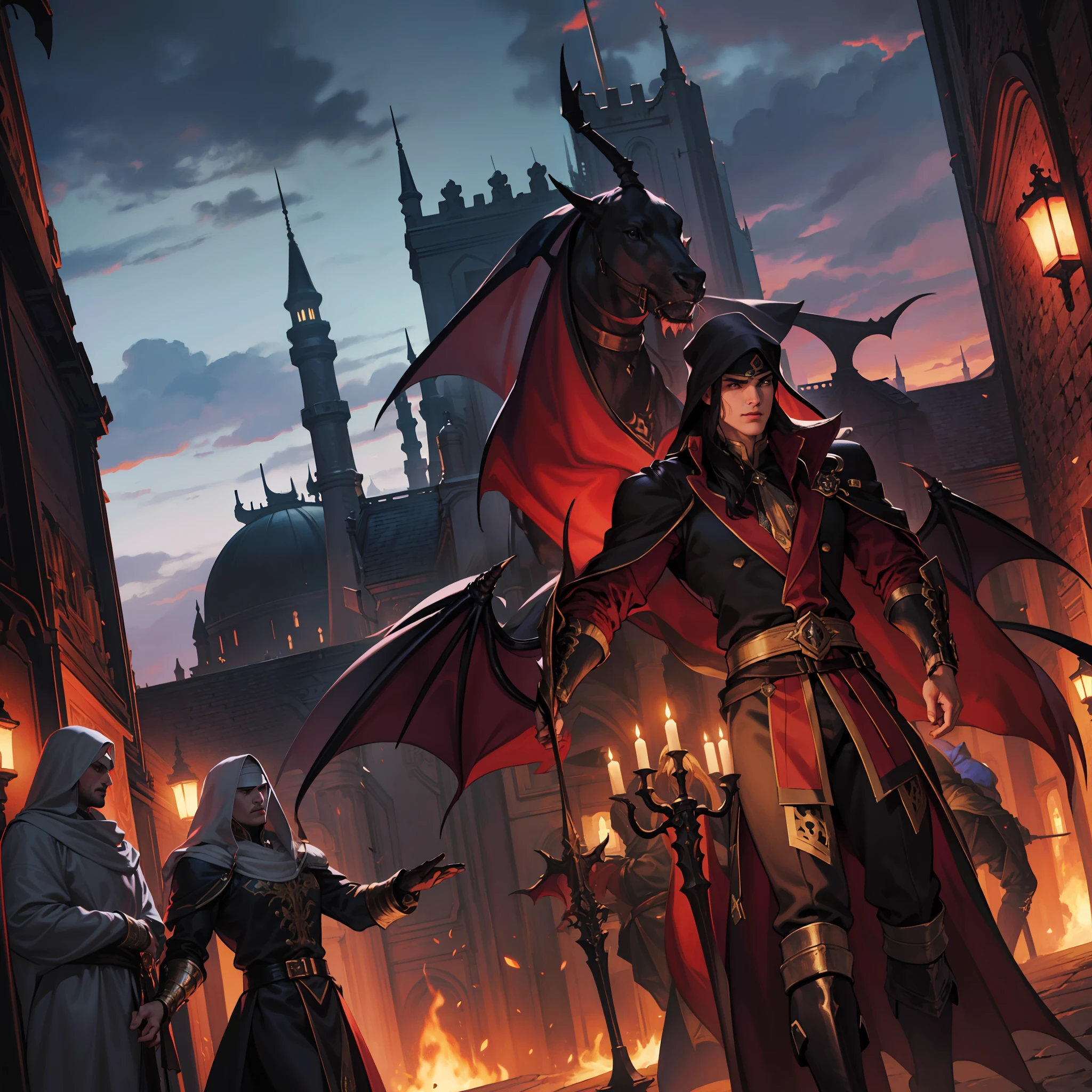 Castlevania Shadow Lord hyper realistic super detailed Dynamic shot centerpiece cutscene scenes movie Epic Legendary perspective shot of Lord Dracula handsome muscular man wearing Islamic armor Wear covers the whole body very sharp details leading troops armed with demons into battle Epic Legendary detailed poses