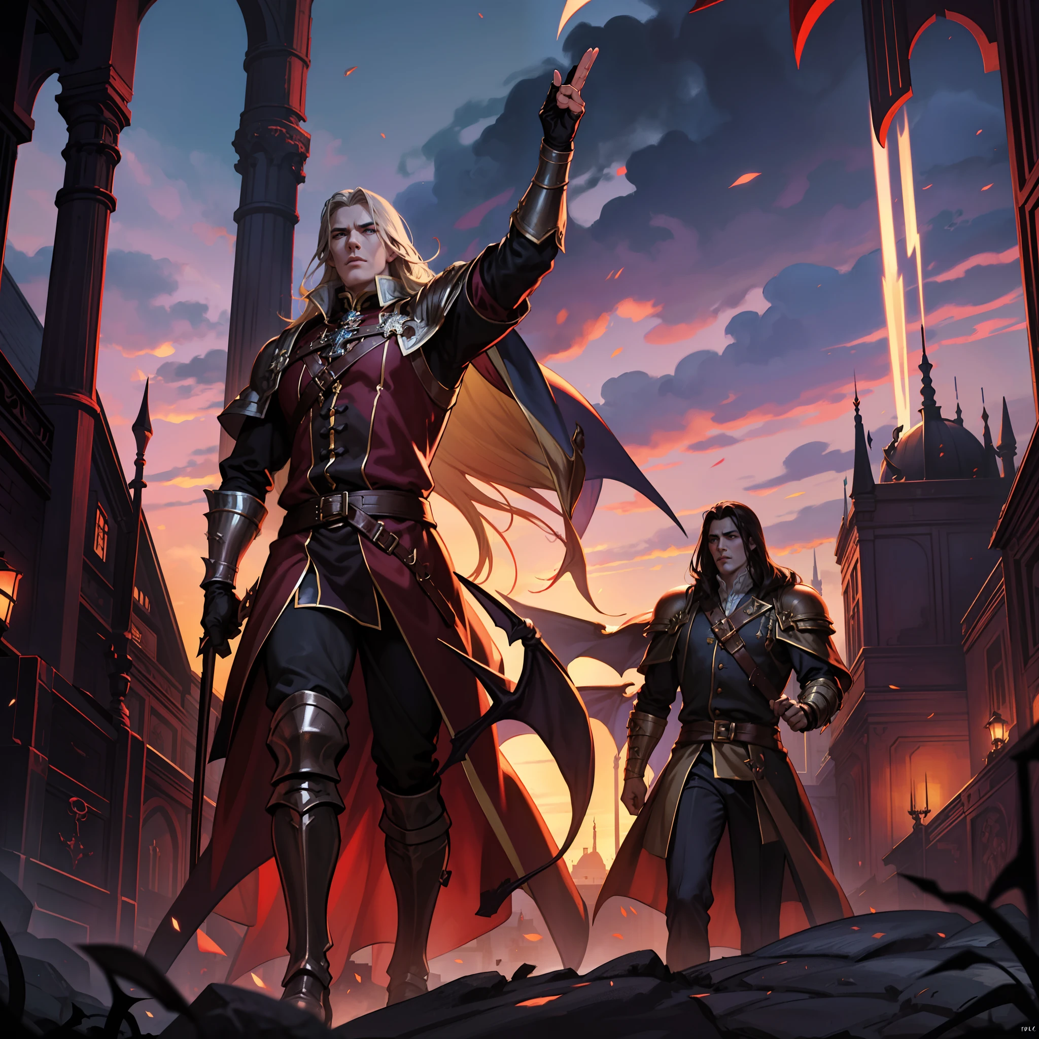 Castlevania Shadow Lord hyper realistic super detailed Dynamic shot centerpiece cutscene scenes movie Epic Legendary perspective shot of Lord Dracula handsome muscular man wearing Islamic armor Wear covers the whole body very sharp details leading troops armed with demons into battle Epic Legendary detailed poses