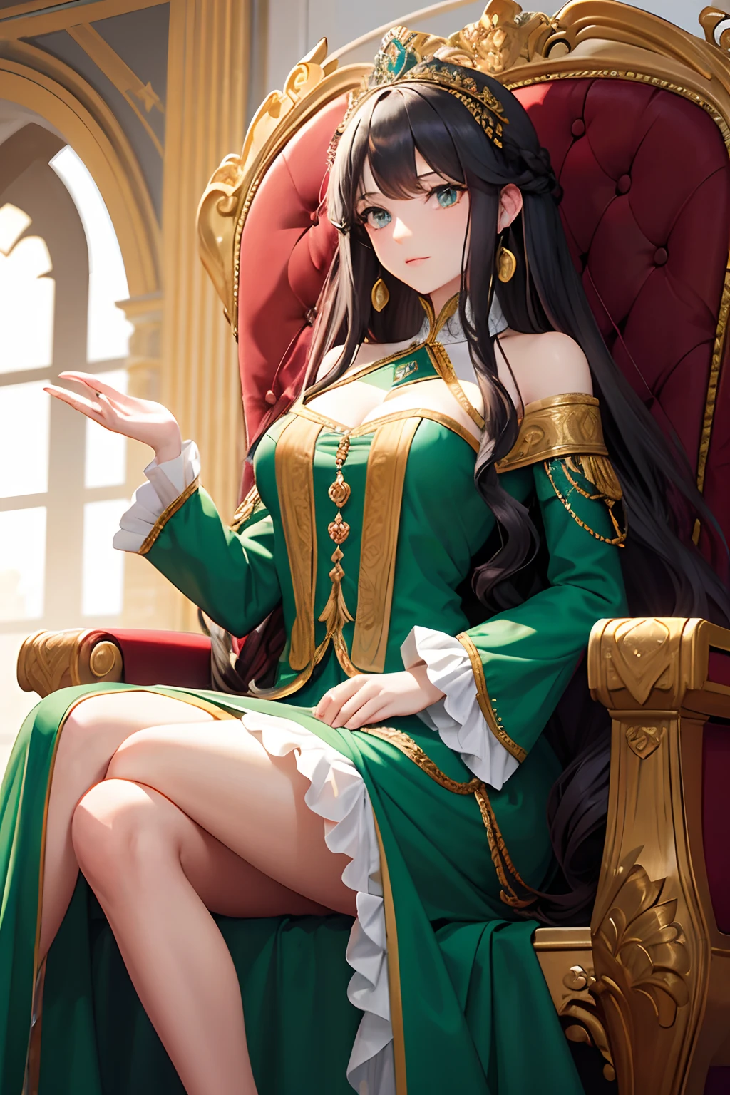 A woman, long curly blond hair, green eyes, in a royal dress, sits on a throne, in the center of a large hall in the style of 18th century Russia. A man, short black hair, gray eyes, stands behind the throne.