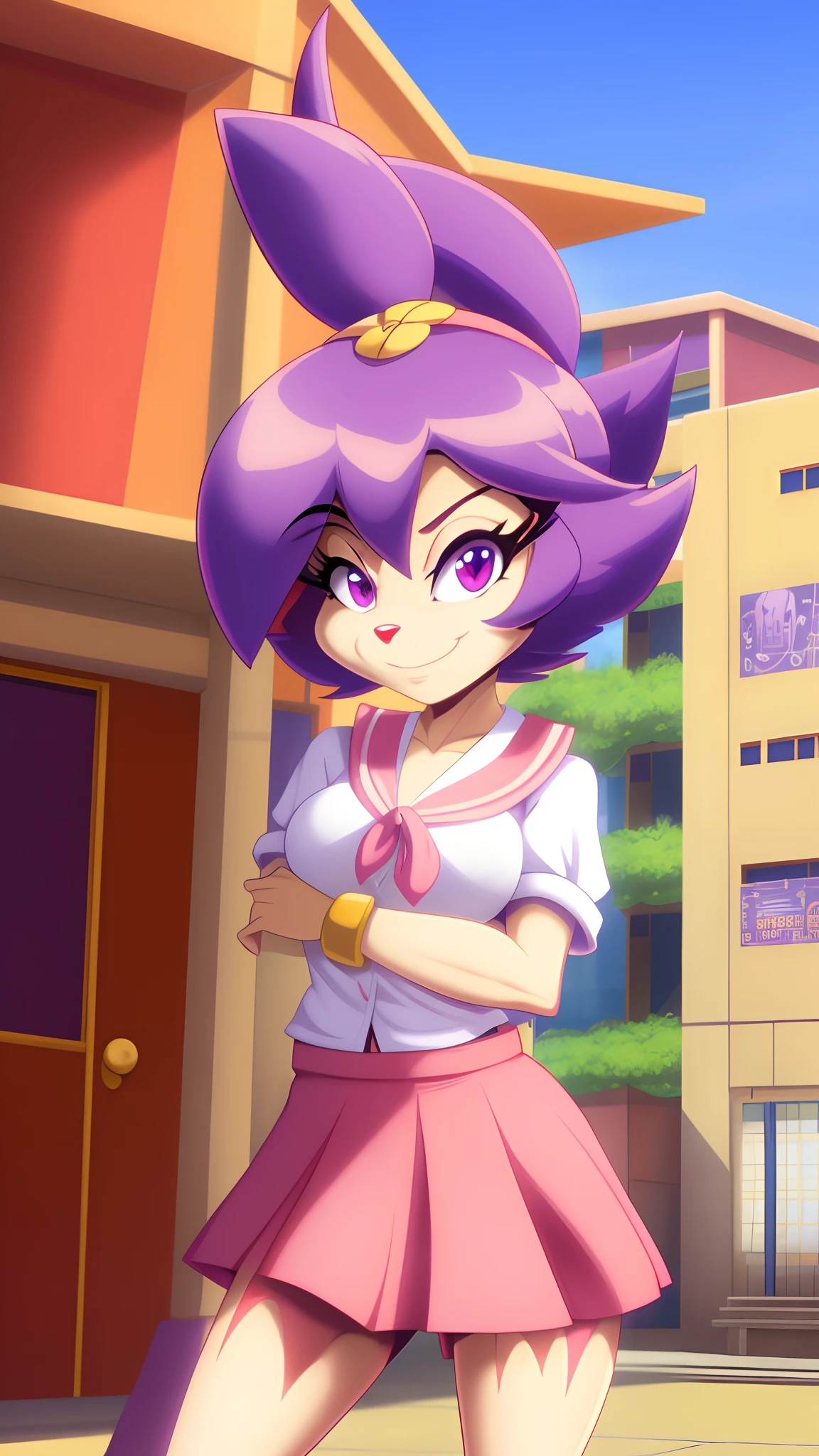 furry female,solo,dot_warner_shoujo,short hair,bangs,flower,hair ornament,purple eyes,animal ears,body fur,tail,school uniform,serafuku,short skirt,pink skirt,smile,looking at viewer,city,(shantae_styleAI:0.9),