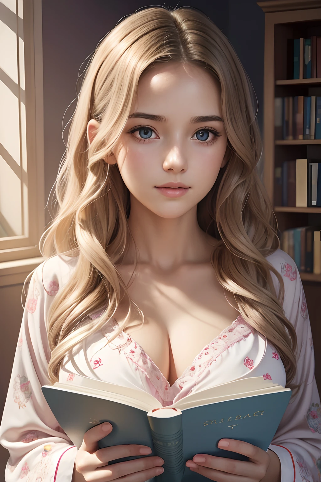 Photography image of a young woman, wavy hair, wearing silky pyjamas, reading a book, the sound of silence is deafening, ((big bust)) fantasy, photorealistic, symmetrical face, symmetrical eyes, soft pastel colours, intricate, path tracing, illustration, insanely detailed, direct sunlight on face, path traced hair