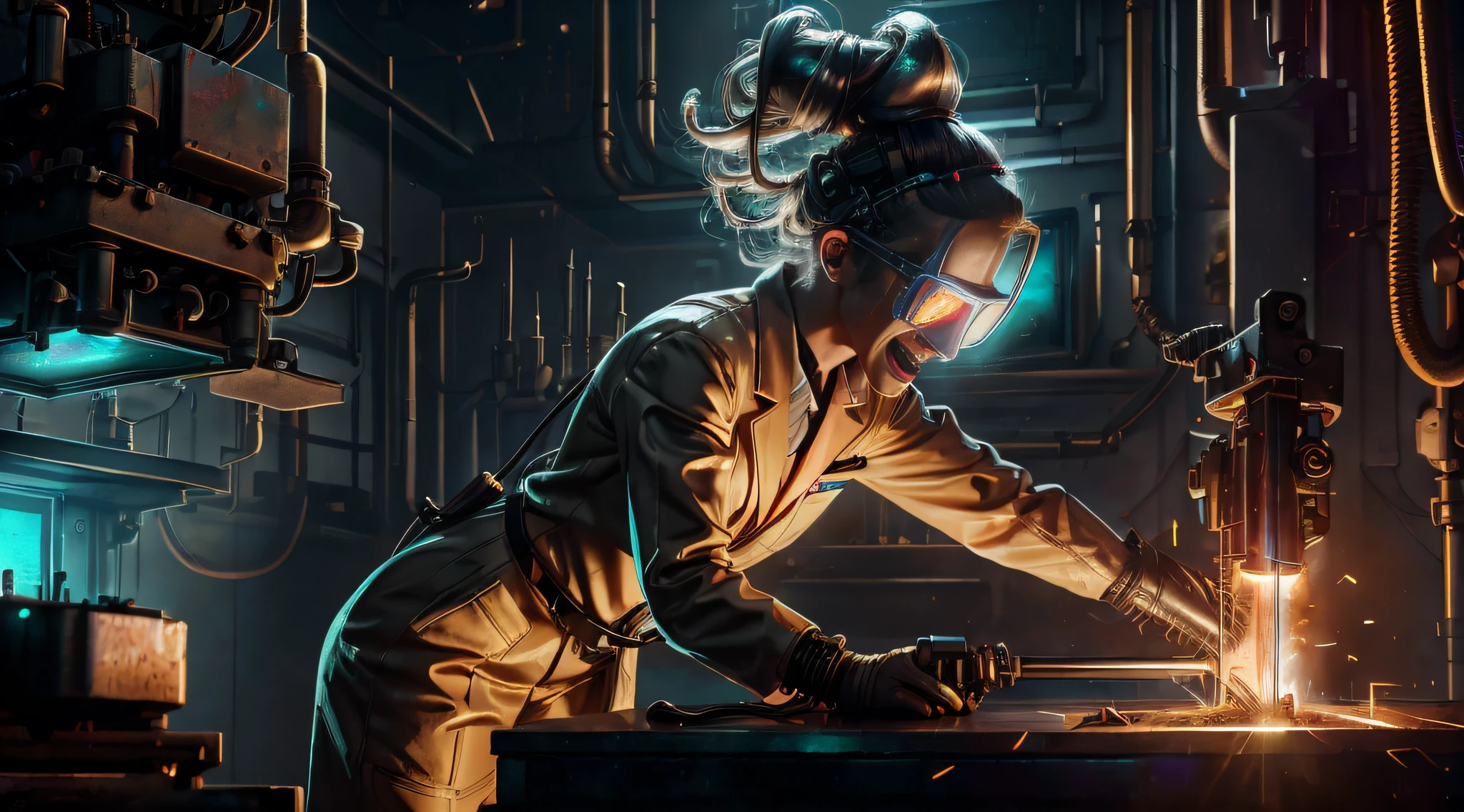 RAW full portrait of a mad scientist woman opening a medium metal box with a welding torch, laboratory room, protection goggles, scientist suit, laughing, cyberpunkai, Expressionism, backlighting, hair bun, artstation, award winnig, (photorealistic:1.2), unreal engine, sharp focus, 8k uhd, shot with Canon EOS 5D Mark IV
