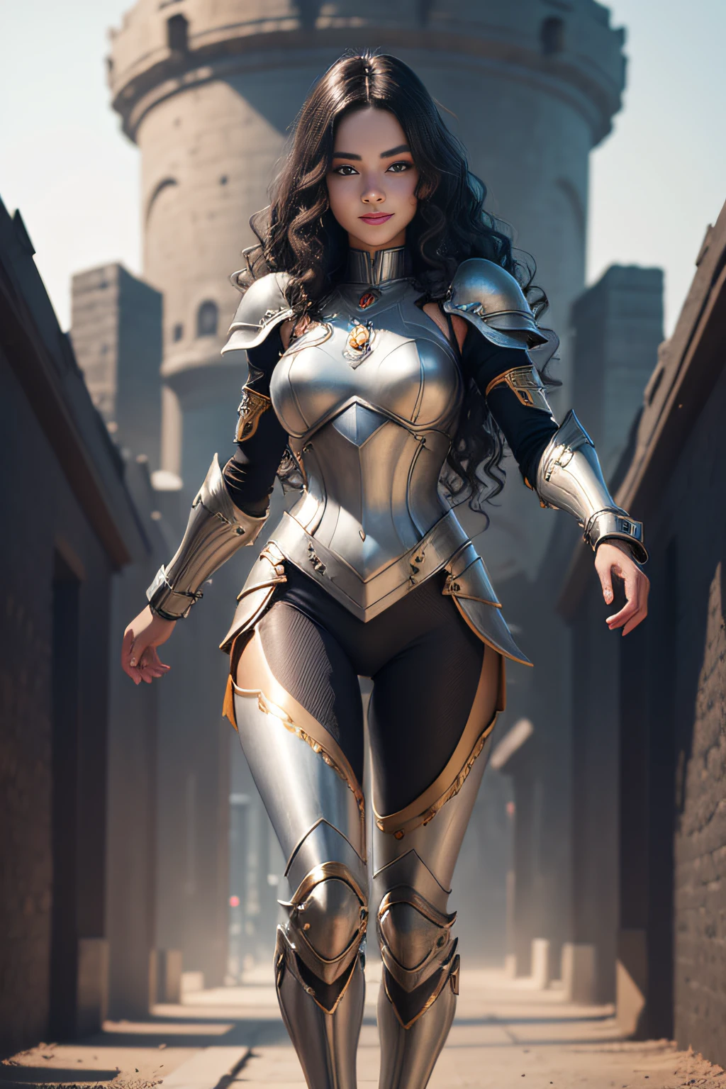 a skinny girl, latin face, smile you can see the teeth, bridge, space age, wavy hair, full body, very detailed body, very detailed face, shiny skin, detailed_eyebrows, beautiful_eyes, realistic skin, ultra-realistic, sharp and highly detailed focus, 8k