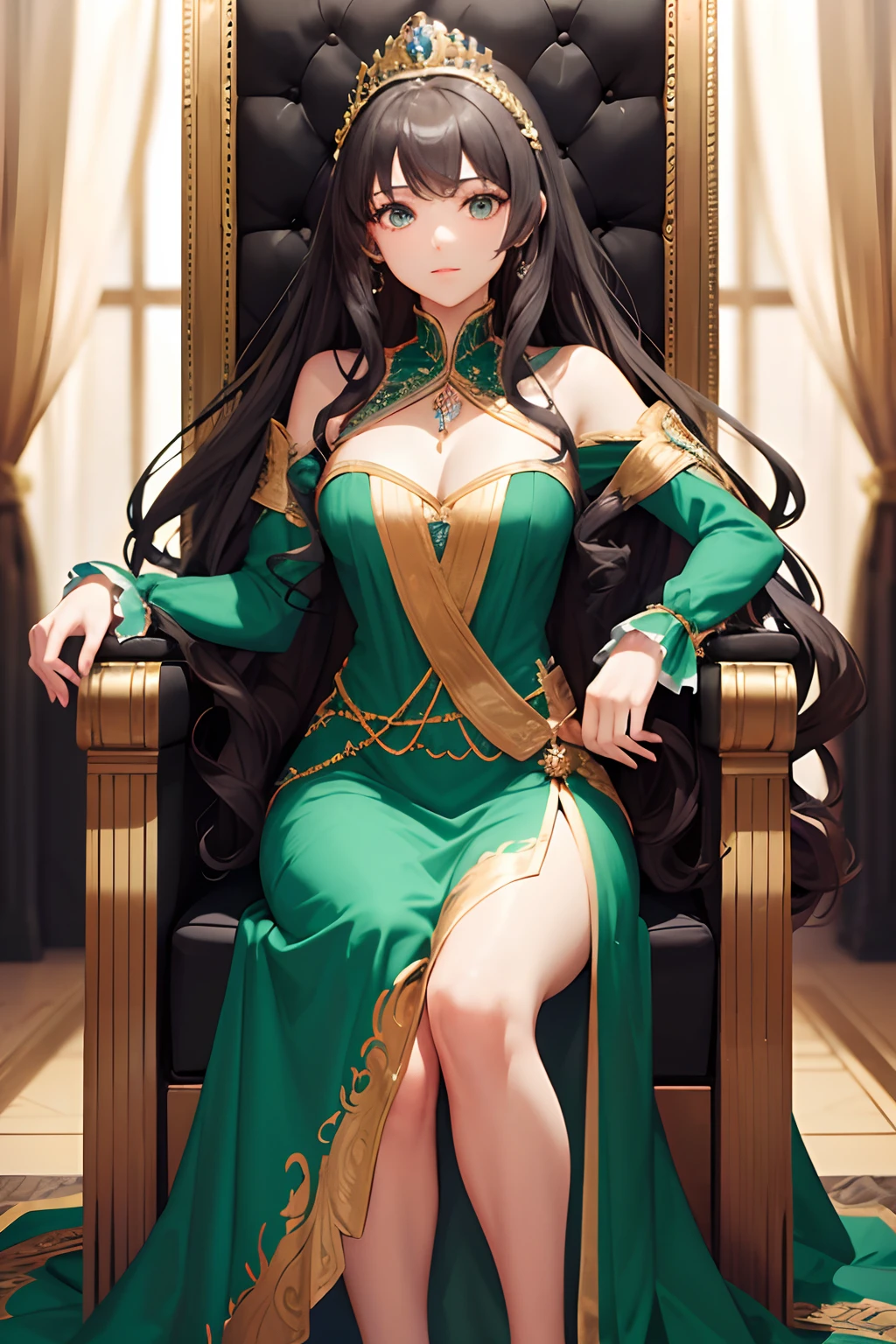 A woman, long curly blond hair, green eyes, in a royal dress, sits on a throne, in the center of a large hall in the style of 18th century Russia. A man, short black hair, gray eyes, stands behind the throne.