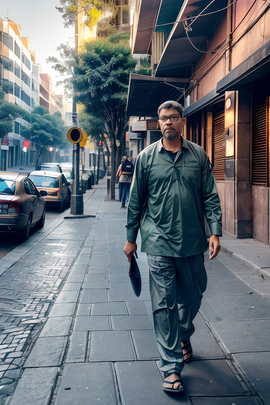 guttoepic2,  A realistic photograph during the day of a man wearing glasses and gari uniform. He's looking directly into the camera as he sweeps the sidewalk full of fallen leaves from a tree. A cena deve ser ambientada em uma rua de uma cidade movimentada durante um dia ensolarado, com carros na rua, people walking on the sidewalk, buildings in the background, traffic lights and all the typical elements of an urban street. Enlightenment should highlight man, The sidewalk and all the details of the scene. A imagem deve ser uma fotografia profissional que capture a autenticidade e a vida nas ruas da cidade.