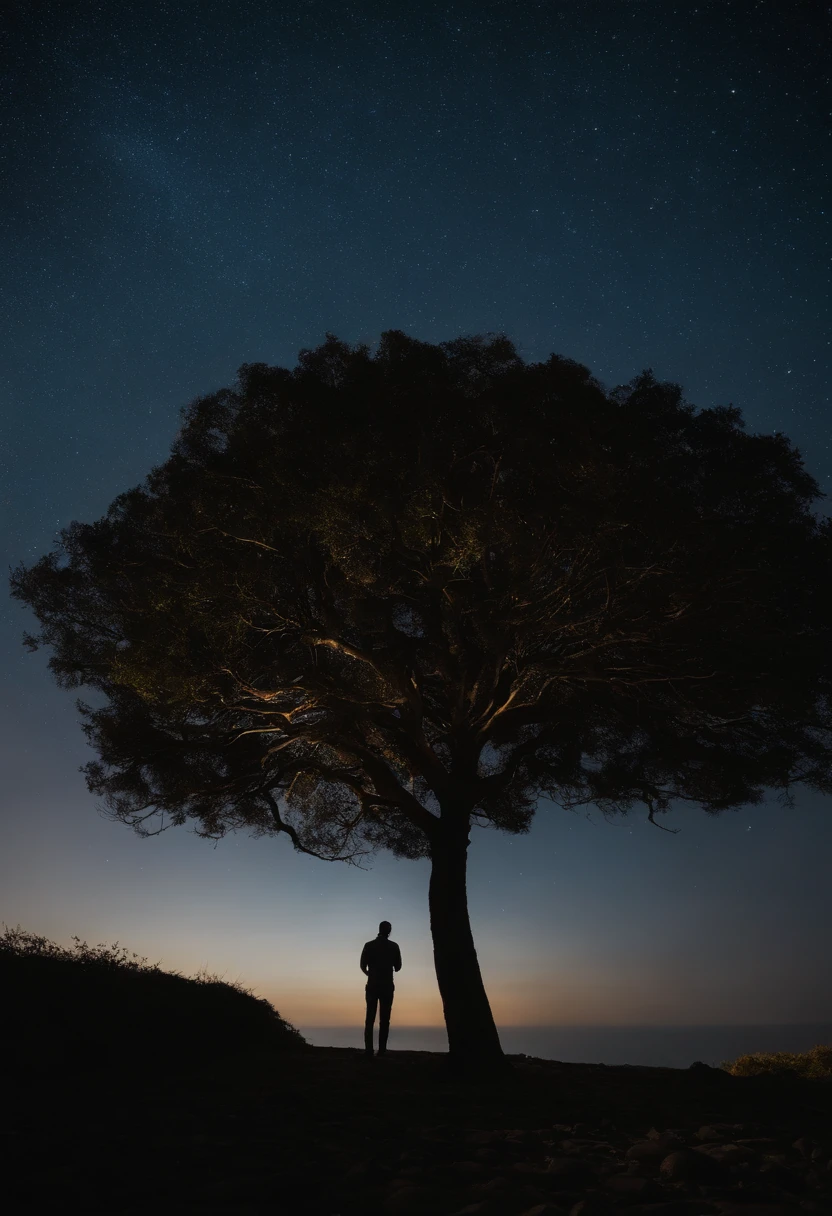 octans, heaven, estrela (heaven), paisagem, starly sky, noite, 1homem de preto, night  sky, solo, ao ar livre, ilha de ferro no oceano, nuvem, milky ways, sentado, tree, cabelo longo, ilha de ferro, silhueta, paisagem urbana --auto --s2