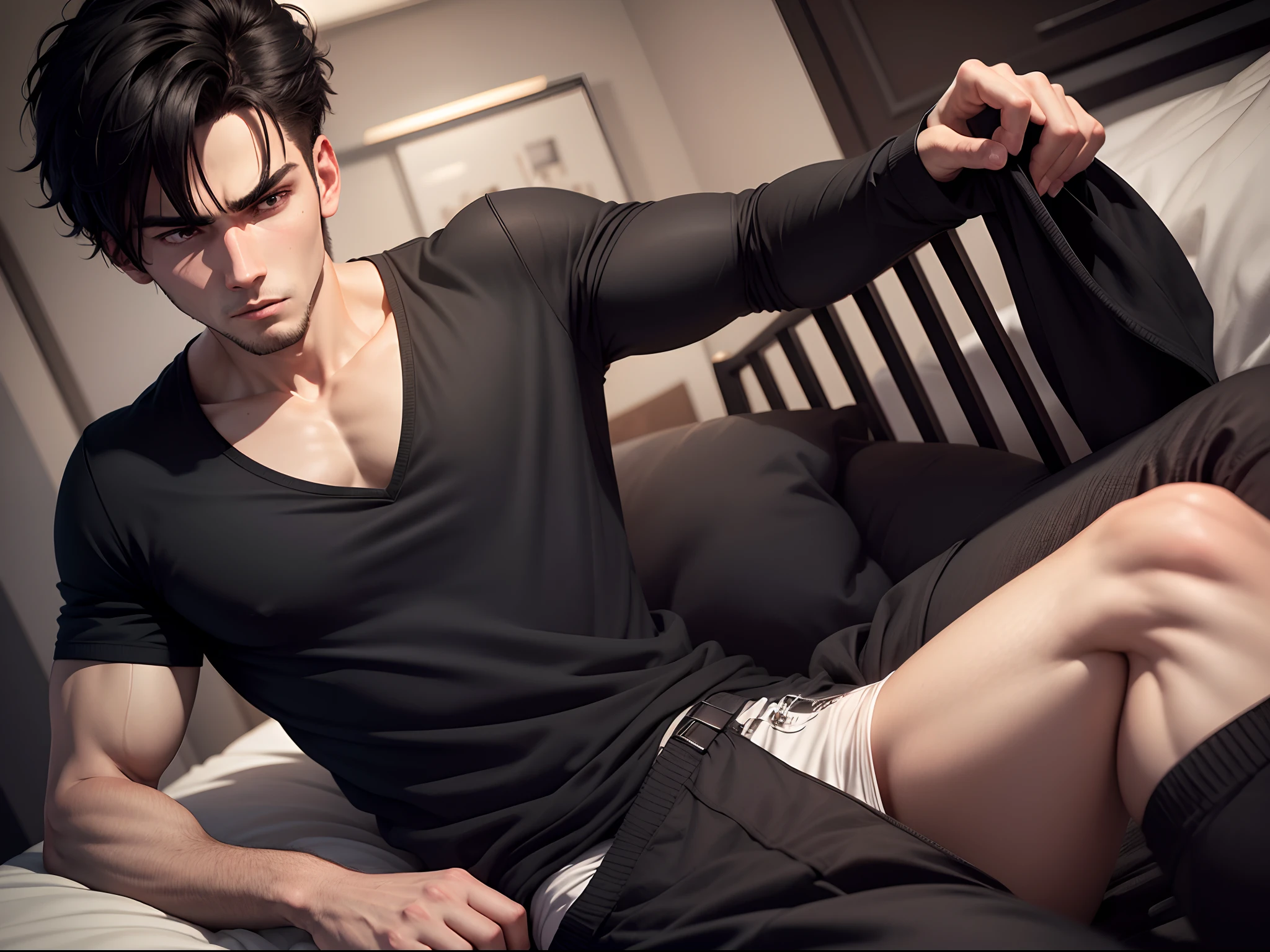 realistic 8k image of a strong 25 year old man, with short black hair combed to the side, scared expression, dressed in casual black clothes, sitting on a bed in a simple apartment, night scene, anime style art