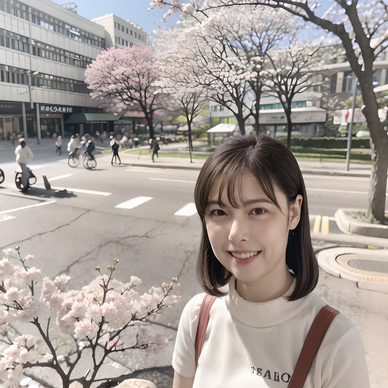 retro photography, 1960s , AGFA, Kodak, 1girl,  portrait, looking_at_viewer,  smile,  japan, tokyo, cherry blossom,  octane render,  solo, rtrophto1