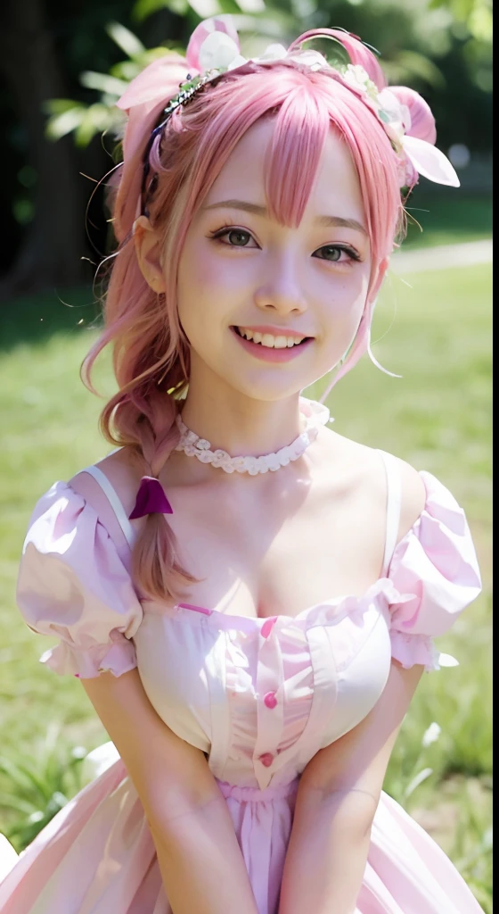 (masterpiece, Highest quality, Highest quality, Official Art),Beautiful pink hair、ponytail、bangs、White Veil、Gorgeous Earrings、Gorgeous Necklace、Gorgeous bracelets、A bow tie、Milky skin、Fishing eyes、Pointed Ears、girl、((young、)),smile、目眩のするsmile、smile showing teeth、((((Thin arms、Small breasts、Slender upper body、Tight waist、Small hips、Thin thighs、Slim lower body))))、A beautiful white bikini with just a little lace、garter belt、Put something on your head、Cherry tree on the beach、Strong sunlight、Full Body Shot、Dancing