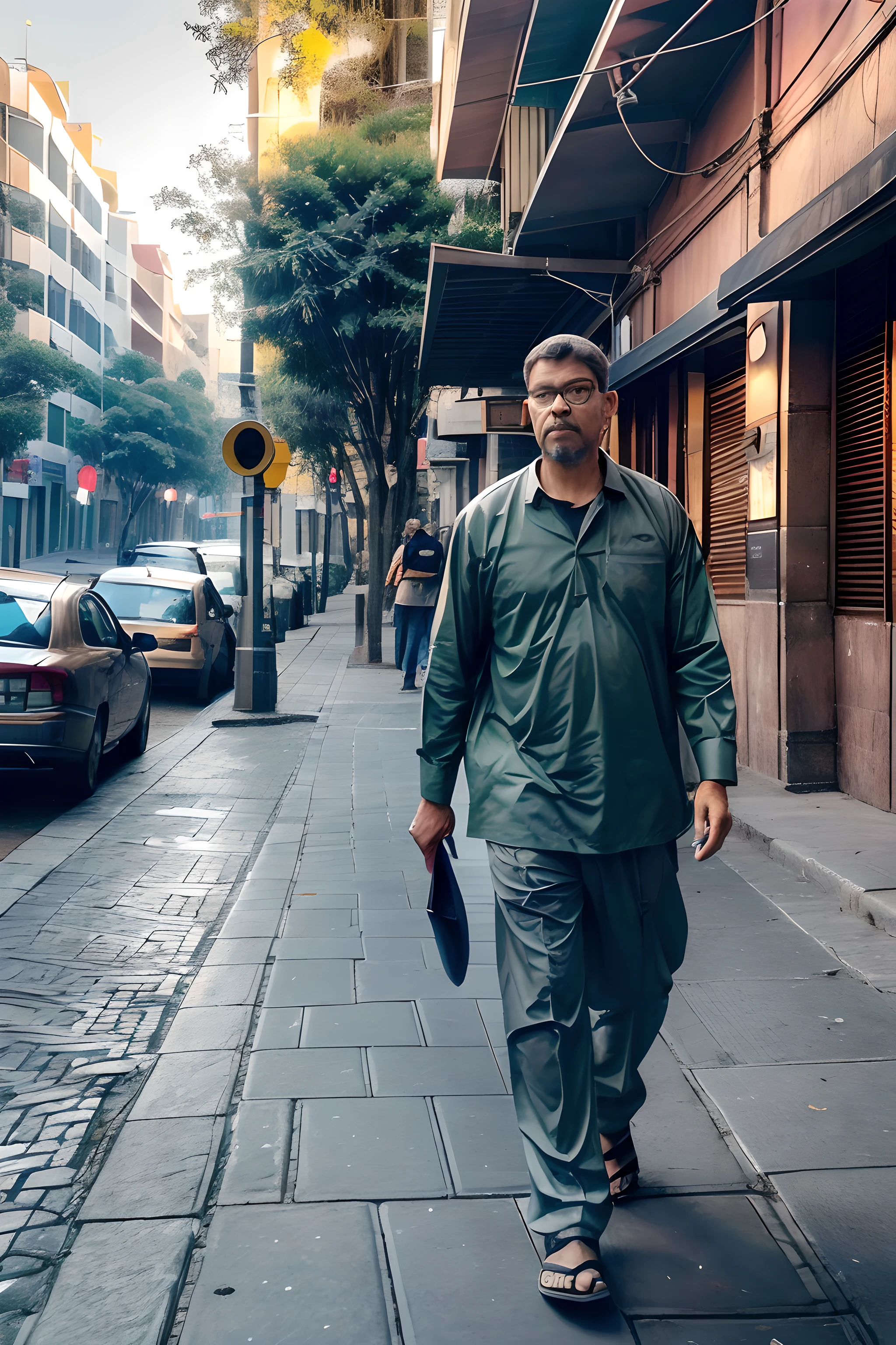 guttoepic2,  A realistic photograph during the day of a man wearing glasses and gari uniform. He's looking directly into the camera as he sweeps the sidewalk full of fallen leaves from a tree. A cena deve ser ambientada em uma rua de uma cidade movimentada durante um dia ensolarado, com carros na rua, people walking on the sidewalk, buildings in the background, traffic lights and all the typical elements of an urban street. Enlightenment should highlight man, The sidewalk and all the details of the scene. A imagem deve ser uma fotografia profissional que capture a autenticidade e a vida nas ruas da cidade.