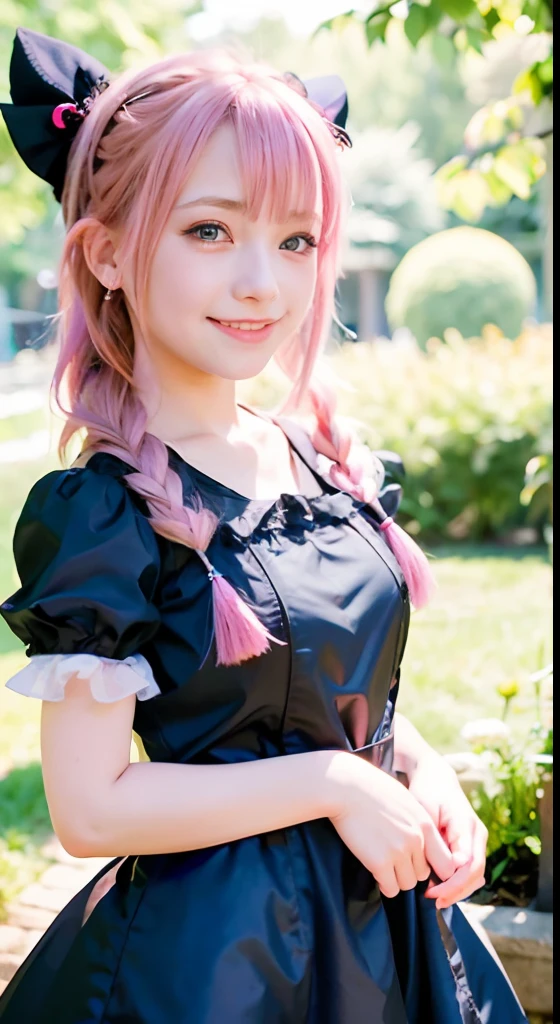 (ultra-detailliert), Cute princess dresses in black color,(frilly dress),(shortsleeves),Blue eyes,The upper part of the body、a closeup、faces、(A smile:1.5),(facing front:1.2), 20yr old, teens girl,no tail,(no tail),2D, masterpiece, top-quality, Band Group Vocals, a closeup, Stand Microphone, Mouth open, A detailed eye, A detailed face, girl with, Only 1 person,Pink Hair Medium Hair, (Pink hair), Ear Hair, small tits, Single braid, (Single braid), (Side braid), Pink ribbon, Ribbon around the neck, (White sleeves), Background bokeh