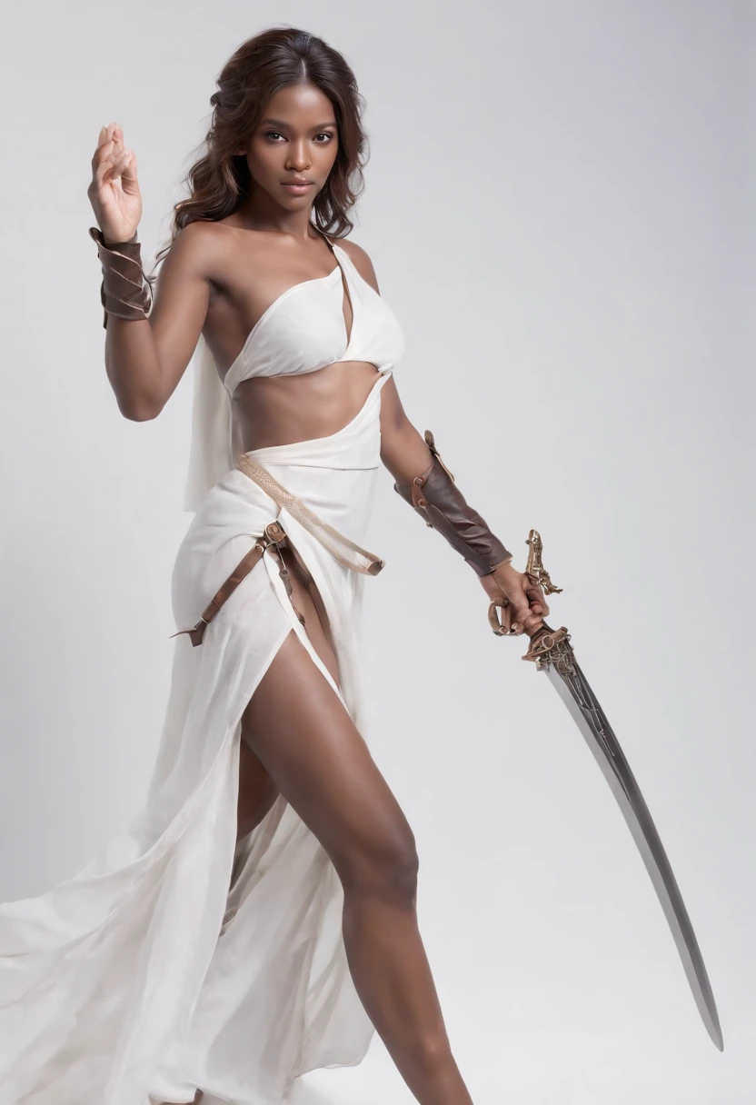 (Masterpiece, Best quality), concept-art, Full body photo of a dark-skinned woman nude, no clothes, Fighting posture, Intricate details, color difference, (Black skin:1.2), 1girll, Curly long hair, Light brown hair, Messy hair, hair on one eye, honey eyes, Sharp eyes, big sword, Cyber Katana, Dark Blade, Japanese role-playing game style, Tech fantasy, Final Fantasy, Pastel colors, (Simple background, White background:1.3)
