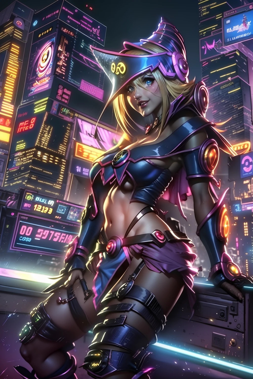 (Foto RAW, La mejor caliDaD, Obra maestra:1.2), (realista, fotorrealista:1.4),(Obra maestra:1.4),(La mejor caliDaD:1.4), ((Sexy Cyberpunk dark magician girl cat)), pechos granDes, :D, (flequillo), sonrojarse, ((coloured body harness)), ((dynamic  pose)), Disparo De vaquero, (((Cyberpunk City Streets AnteceDentes))), Ingesta De cabello, ((Cabello largo sin forma)), bright neon accents, MiranDo al espectaDor, bloqueos laterales, They are smiling, (((Brecha entre el muslo))), Muslos, colas gemelas, Pelo muy largo, cabello multicolor, Alice \(cabeceo\),(piel brillante),realista.