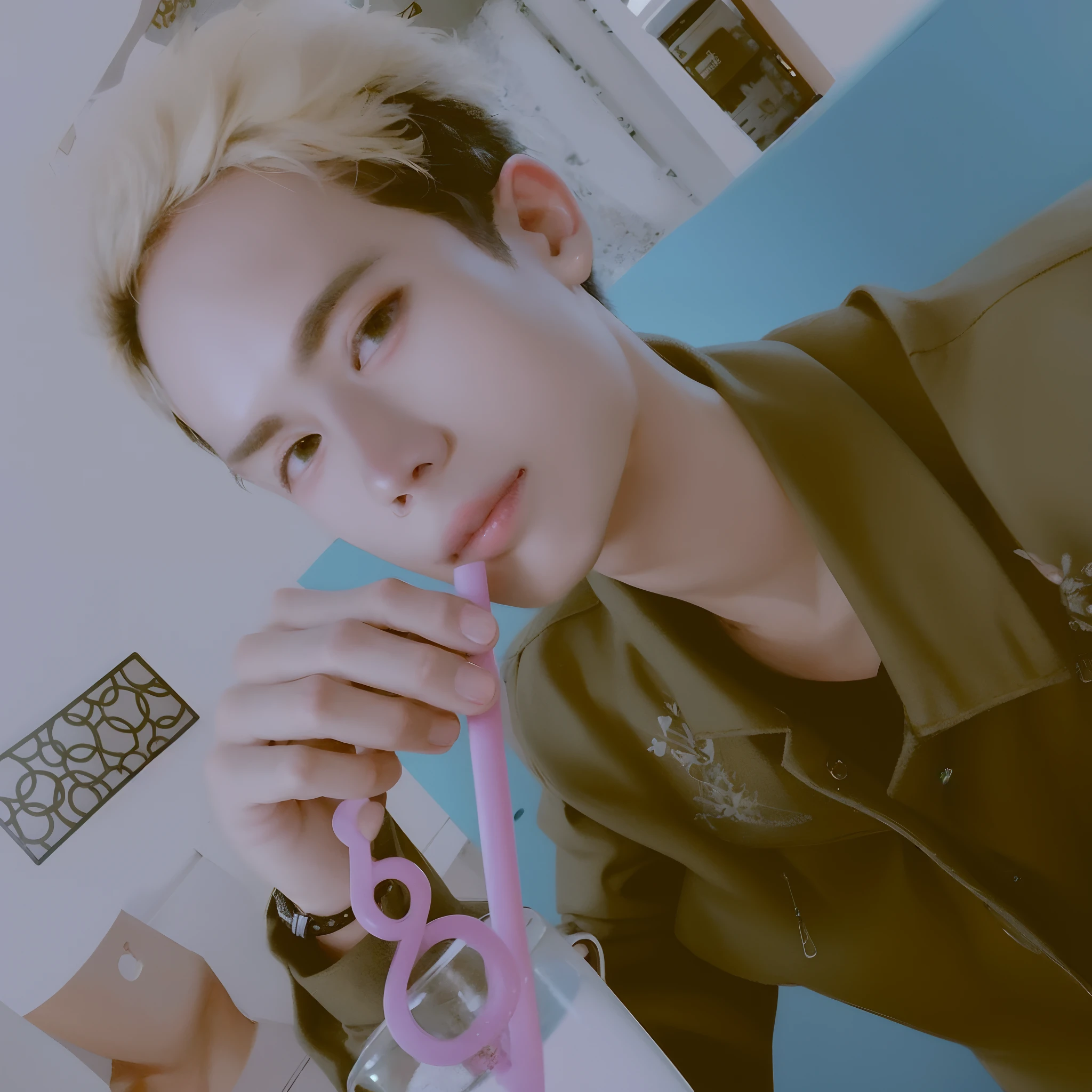 there is a man with a straw and a drink in his hand, profile pic, male ulzzang, kim doyoung, hyung tae, ruan cute vtuber, thawan duchanee, profile shot, hong june hyung, joel fletcher, leaked photo, with short hair, fanart, uploaded, taejune kim, cai xukun, high quality upload