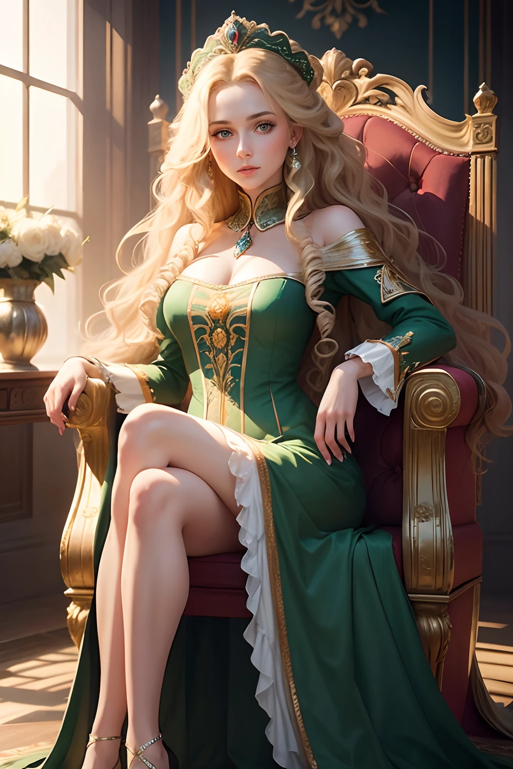 1 woman, long curly blond hair, green eyes, in a royal dress, sitting on a throne, in the center of a large hall in the style of 18th century Russia.