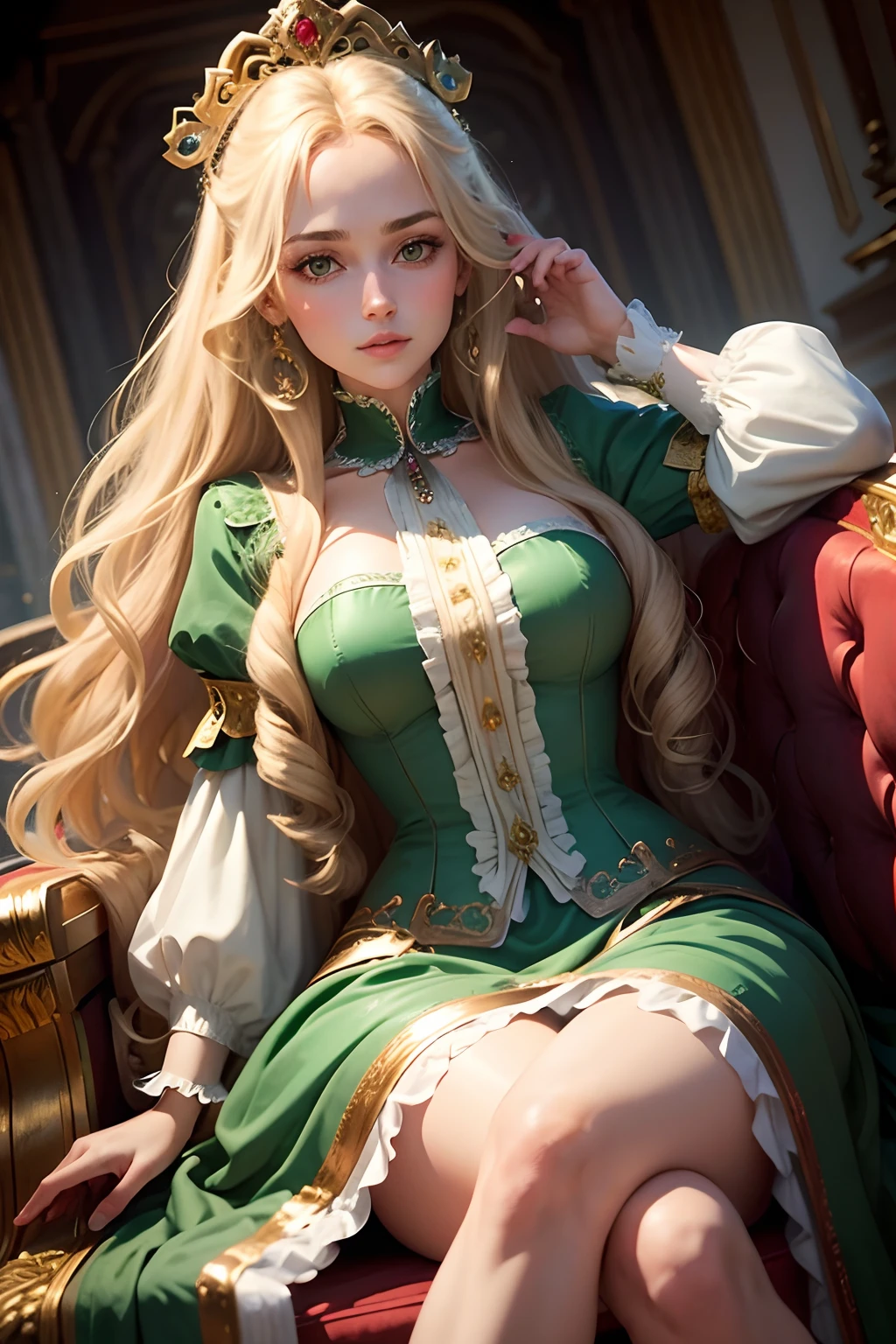 1 woman, long curly blond hair, green eyes, in a royal dress, sitting on a throne, in the center of a large hall in the style of 18th century Russia.
