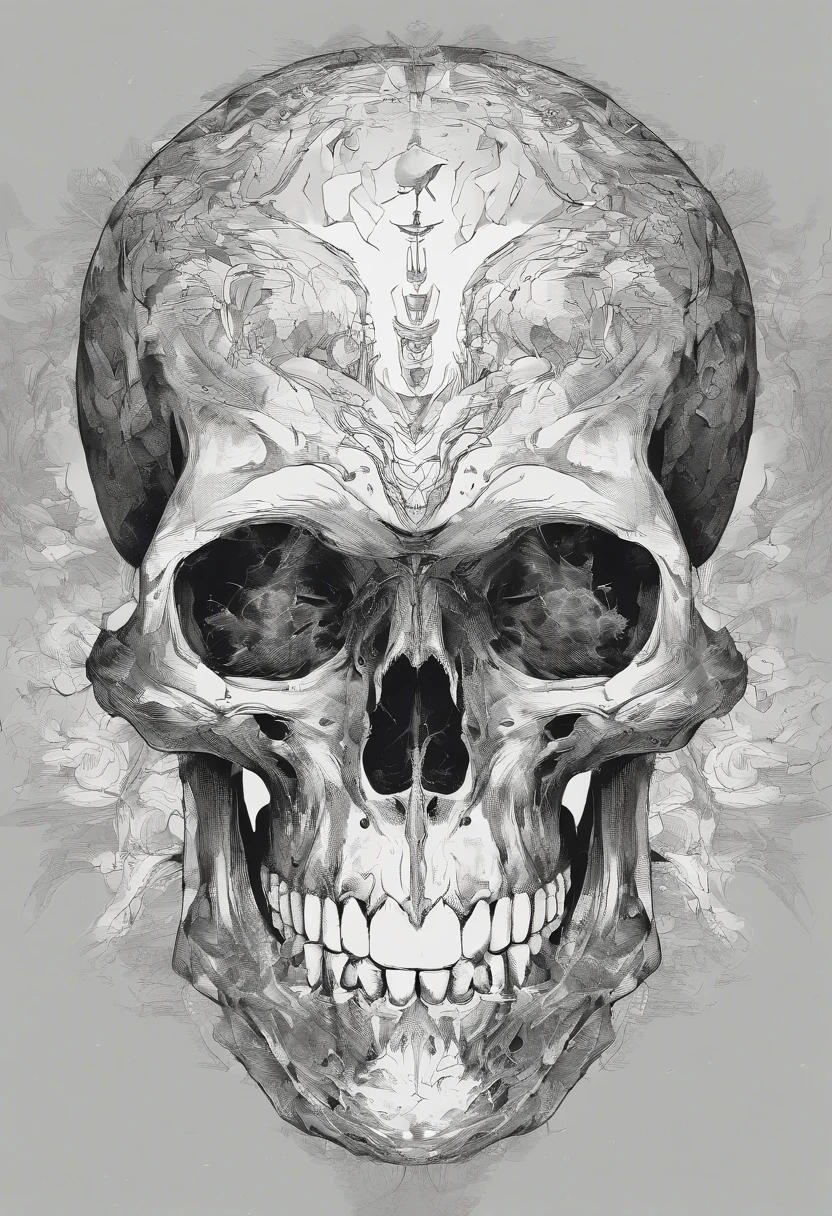 (best quality,4k,8k,highres,masterpiece:1.2),ultra-detailed,realistic,black and white,vector illustration,skull,centered,white background