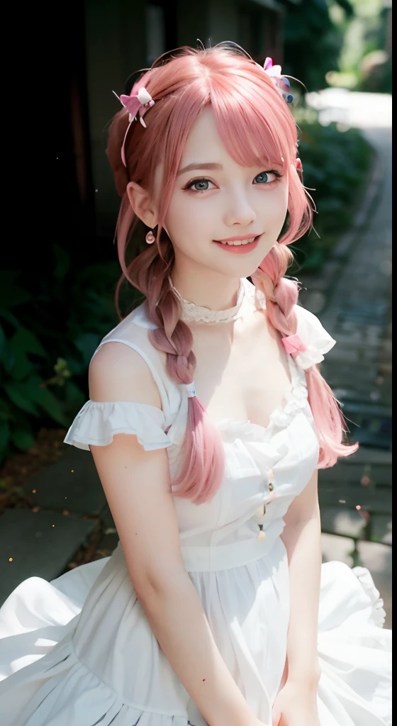 (ultra-detailliert), Cute princess dress in pink color,(frilly dress),(shortsleeves),Blue eyes,The upper part of the body、a closeup、faces、(A smile:1.5),(facing front:1.2), 20yr old, teens girl,no tail,(no tail),2D, ​masterpiece, top-quality, animesque, A detailed eye, A detailed face, girl with, Only 1 person,Pink Hair Medium Hair, (Pink hair),  Ear Hair, small tits, Single braid, (Single braid), (Side braid), Pink ribbon, Ribbon around the neck, (White sleeves), Background bokeh