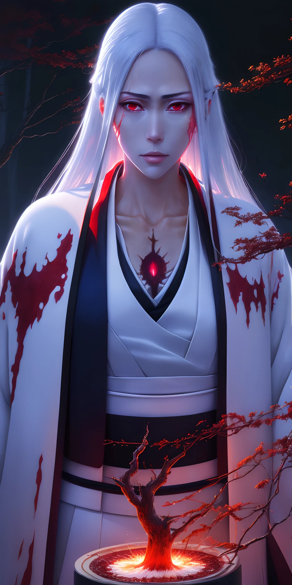 (best quality, ultra-detailed, realistic:1.2), high resolution, professional, vivid colors, (Japanese white clothes), (chest scar), (red eyes), (Haori), (dark forest:1.2), (moon), (Unohana Yachiru bleach), (Lora)