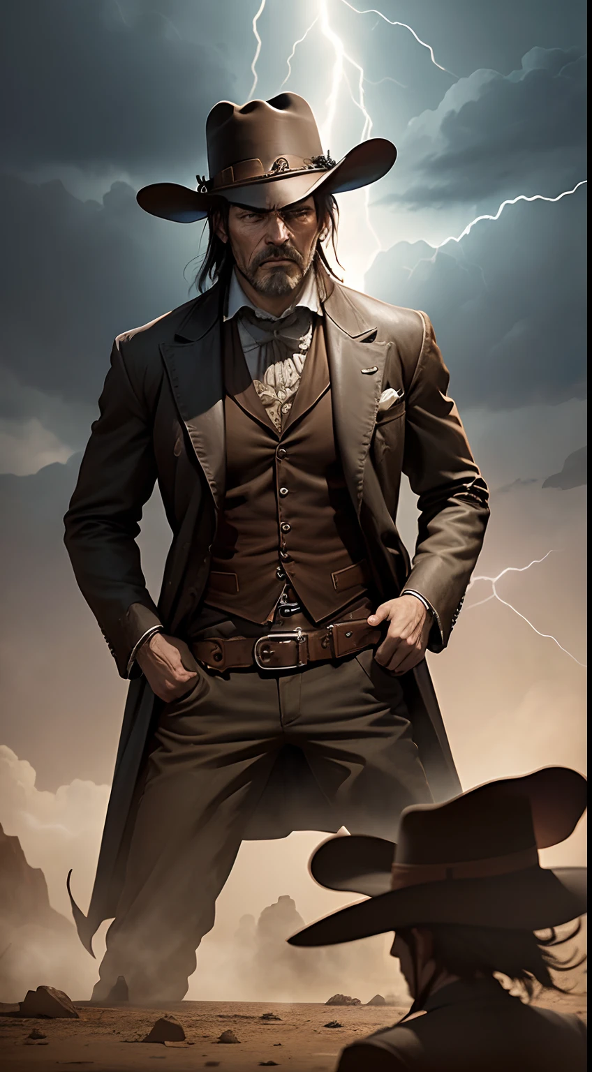 Generate an image of two Old West gunslingers in a tense quick-draw standoff, capturing the intensity of a lightning-fast duel