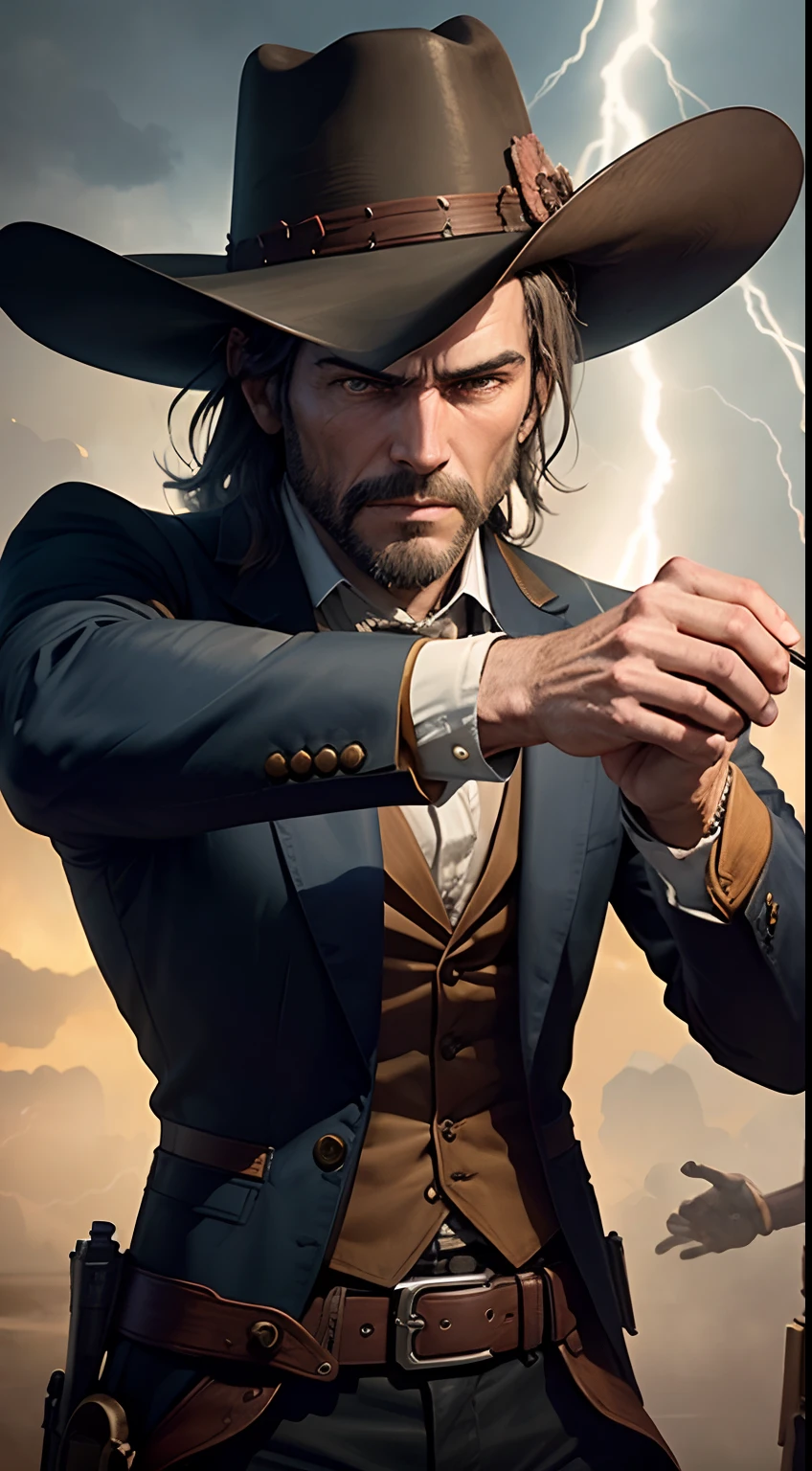 Generate an image of two Old West gunslingers in a tense quick-draw standoff, capturing the intensity of a lightning-fast duel