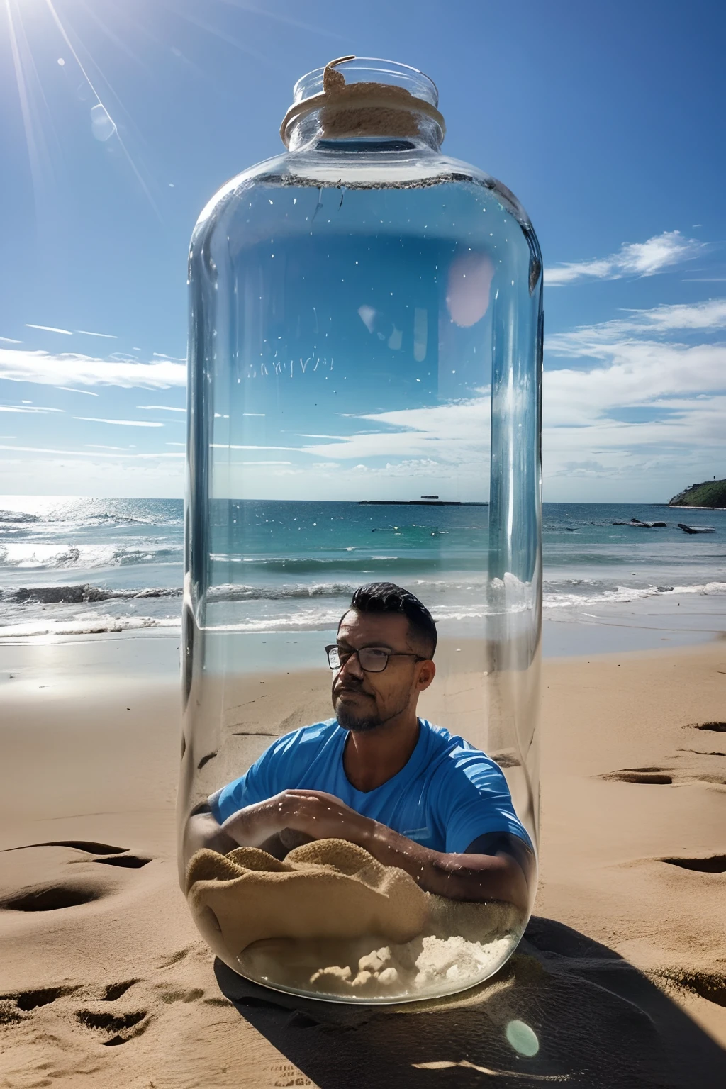 guttoepic2, a man wearing glasses, vestindo uma camiseta regata, bermuda e chinelos. He's inside a giant glass bottle on a white sand beach with gentle waves. A cena deve ser detalhada, destacando o homem, suas roupas e a garrafa de vidro, bem como a beleza da praia com suas areias brancas e o mar calmo. The lighting should reflect a sunny and quiet day. Por favor, provide a vivid and captivating description of the scene.