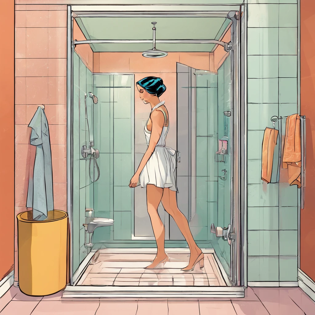lady entering in the shower in a elegant bathroom, cinematic shot