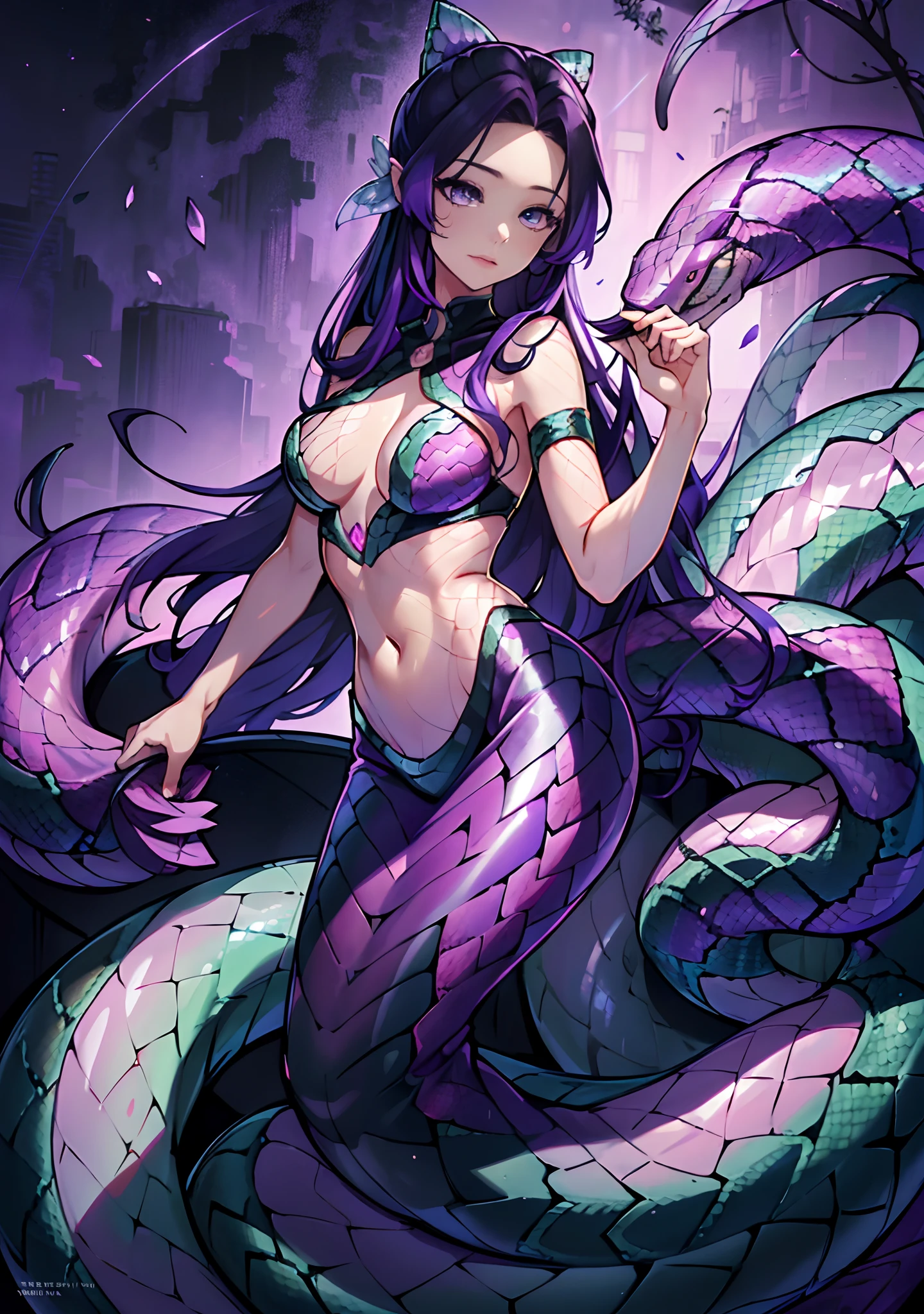 (mermaid:1.3), (snake tail:1.4),8k uhd,RAW photo,A snake woman,(Python pattern),(snake man),(Real Human:1.2),(highres:1.4),(A detailed:1.5),(photorealestic:1.5),RAW photo,Portrait Photogram,Realistic scales,purple snake tail, Detailed snakeskin, stoic, cabellos largos dorados,RAW photo,(black, ruby, purple gradient:1.3), 超高分辨率,Foto realism,best qualtiy,captivating posture, Reflective skin, (highdetailskin,skin detailed),Visible Pore,Fin, scales all over body, Shiny skin,tmasterpiece,sleeveless, finedetail,Colorization,Extremely Delicately Beautiful,extremely detailed 8k wallpaper,8K high quality,DSLR,Snake man maiden with beautiful details,(looking at viewert),professional photograph lighting,Faraway view,full bodyesbian,in a panoramic view,seductive face, multicolored hair,purple eyes