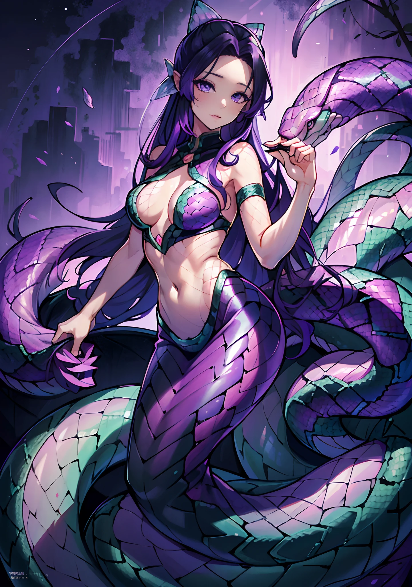 (mermaid:1.3), (snake tail:1.4),8k uhd,RAW photo,A snake woman,(Python pattern),(snake man),(Real Human:1.2),(highres:1.4),(A detailed:1.5),(photorealestic:1.5),RAW photo,Portrait Photogram,Realistic scales,purple snake tail, Detailed snakeskin, stoic, cabellos largos dorados,RAW photo,(black, ruby, purple gradient:1.3), 超高分辨率,Foto realism,best qualtiy,captivating posture, Reflective skin, (highdetailskin,skin detailed),Visible Pore,Fin, scales all over body, Shiny skin,tmasterpiece,sleeveless, finedetail,Colorization,Extremely Delicately Beautiful,extremely detailed 8k wallpaper,8K high quality,DSLR,Snake man maiden with beautiful details,(looking at viewert),professional photograph lighting,Faraway view,full bodyesbian,in a panoramic view,seductive face, multicolored hair,purple eyes