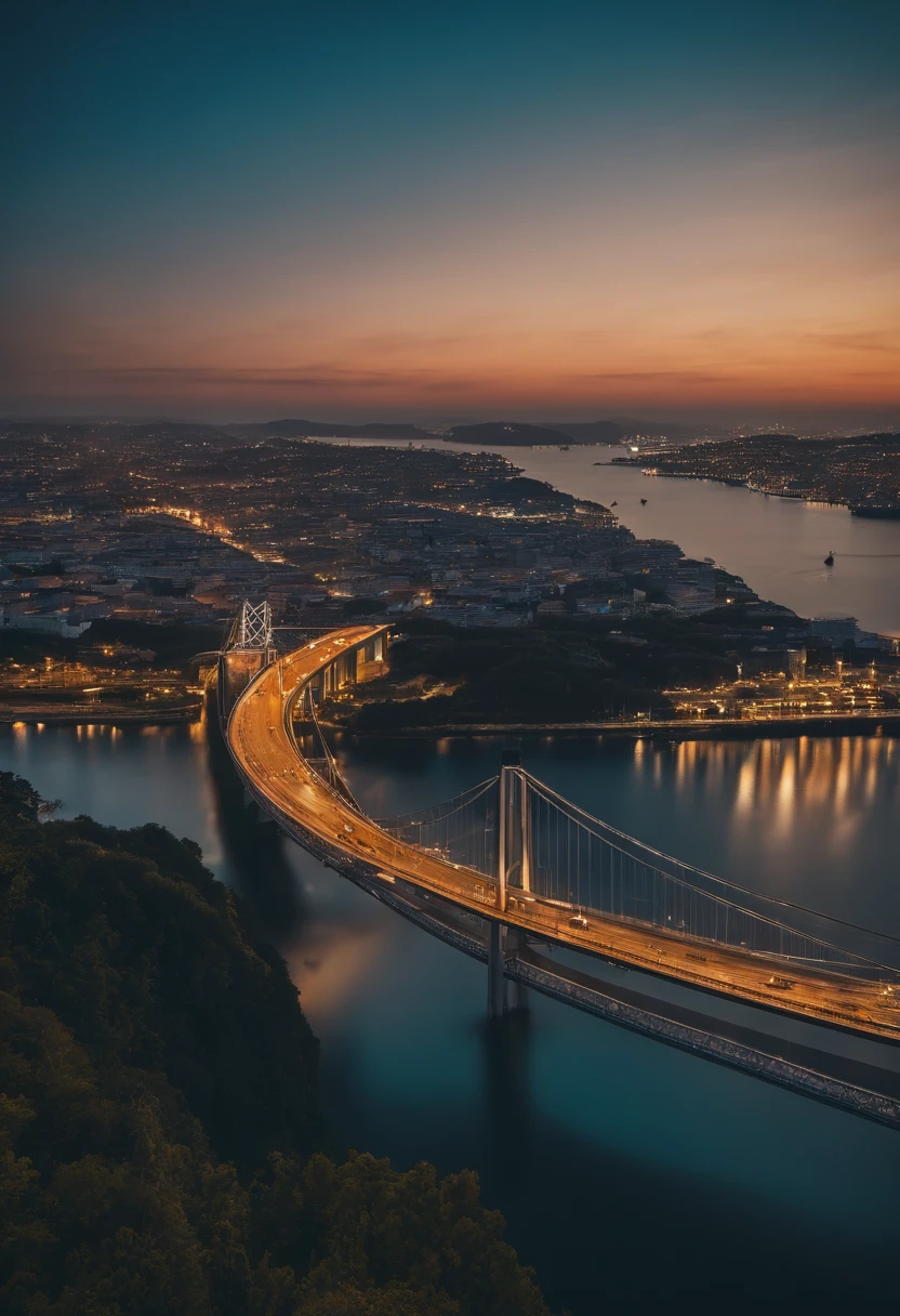 Maritime city，sense of science and technology，cidade do futuro，There are spaceships in the sky，There are giant ships at sea，There are gigantic bridges connecting the city to the mainland. Mulher bonita olhando para fora sobre a cidade。