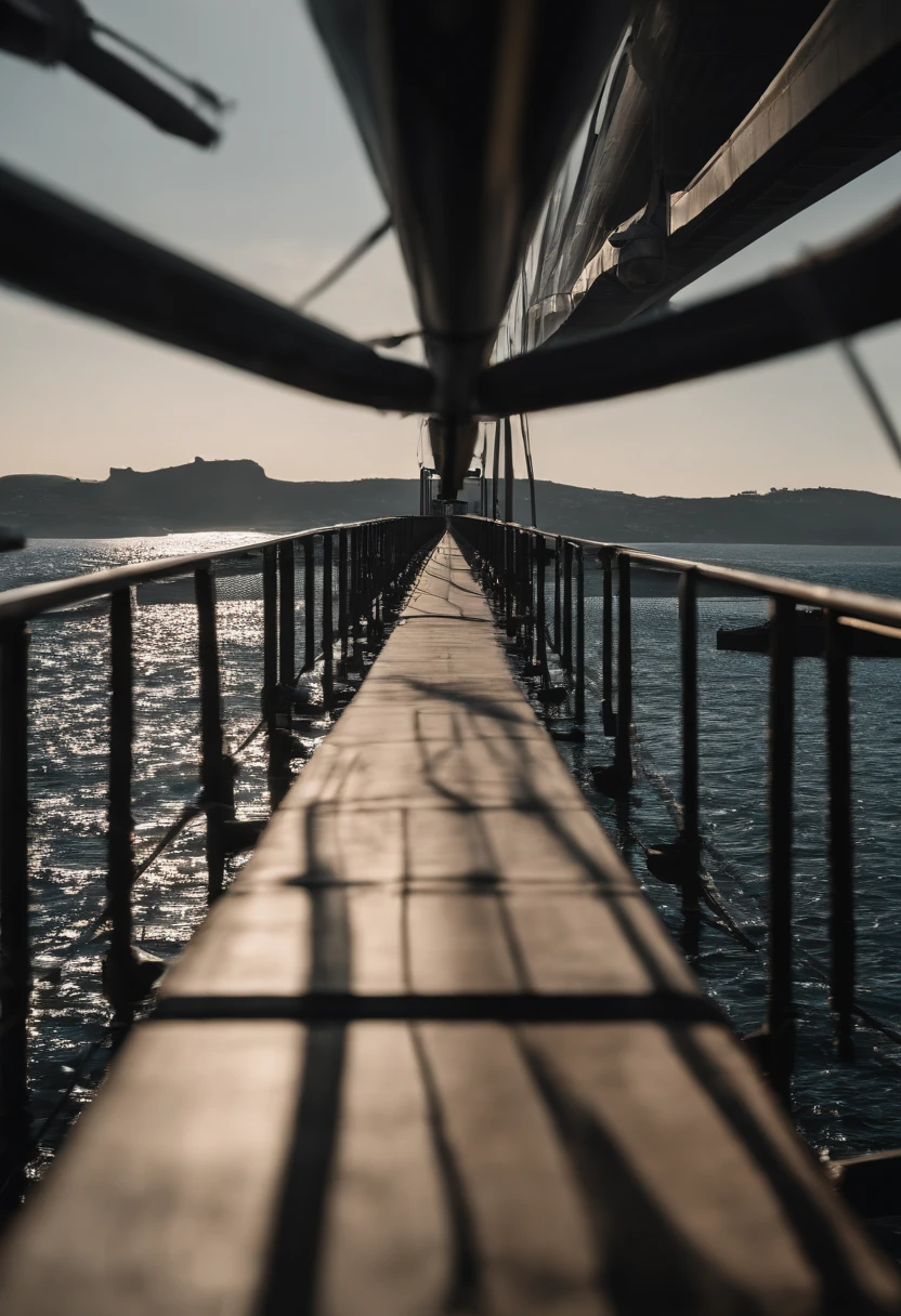 Maritime city，sense of science and technology，cidade do futuro，There are spaceships in the sky，There are giant ships at sea，There are gigantic bridges connecting the city to the mainland. Mulher bonita olhando para fora sobre a cidade。