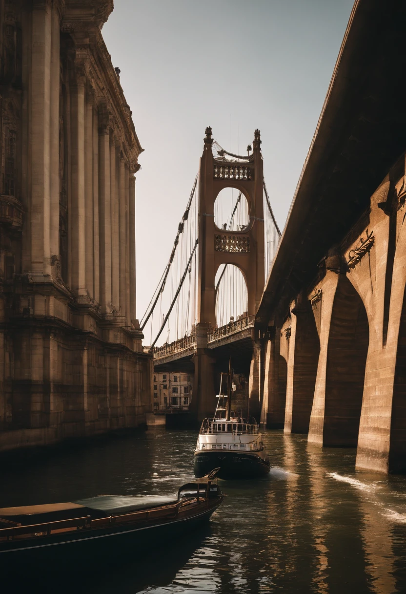 Maritime city,sense of science and technology,cidade do futuro,There are spaceships in the sky,There are giant ships at sea,There are gigantic bridges connecting the city to the mainland. Mulher bonita olhando para fora sobre a cidade。