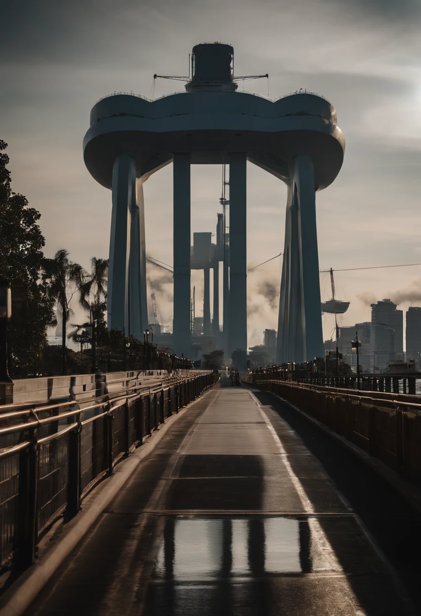 Maritime city，sense of science and technology，cidade do futuro，There are spaceships in the sky，There are giant ships at sea，There are gigantic bridges connecting the city to the mainland. Mulher bonita olhando para fora sobre a cidade。