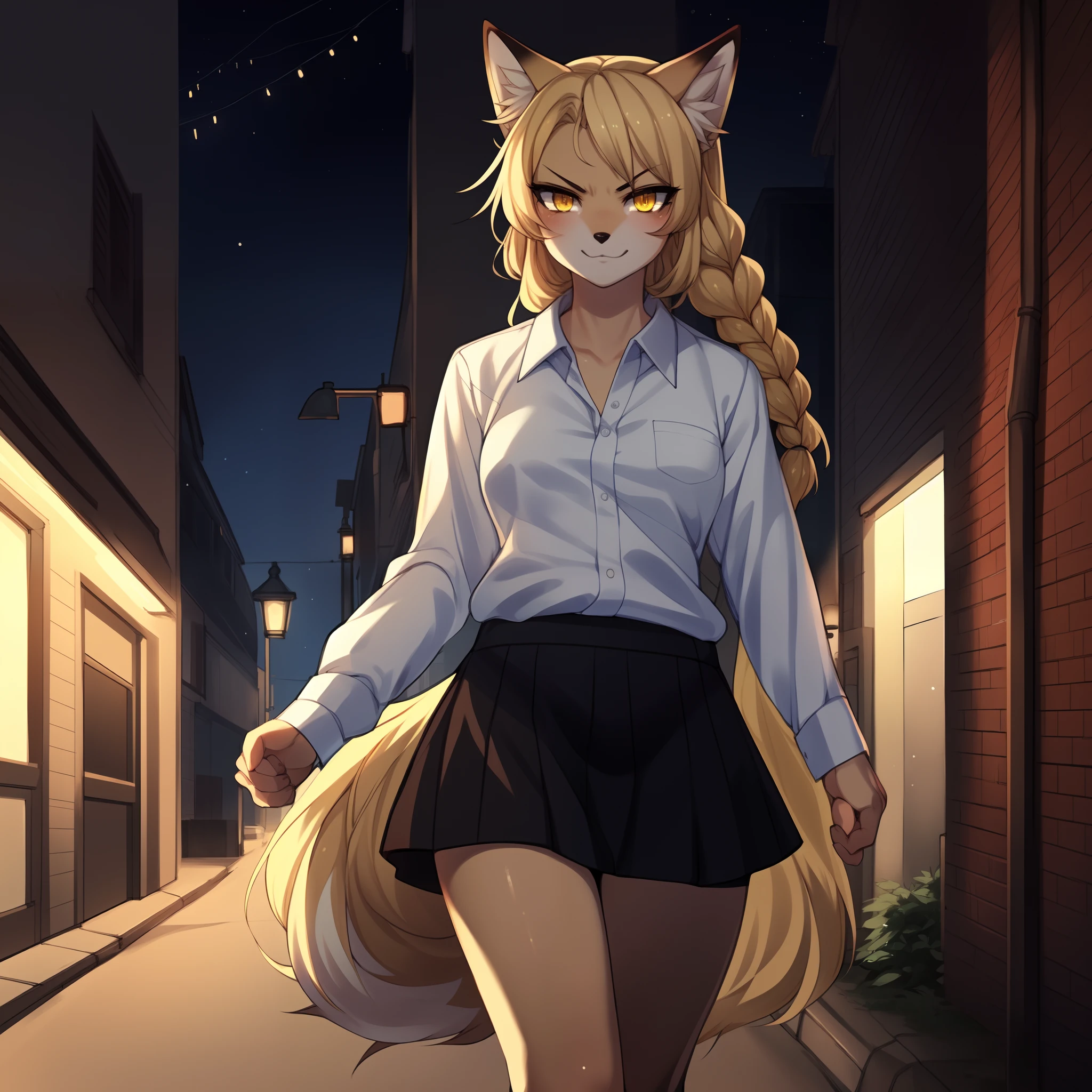 by fumiko, by gudlmok99, by hyattlen, an all tan furry anthropomorphic fox woman, tan fur, all tan body, cute blonde fox tail, cute snout, yellow eyes, long blonde braided hair,standing, angry eyes, smiling, wearing white button up shirt, black skirt, black combat boots, eyes_glowing_yellow:1.2, she is shrouded by shadows, walking down a dimly lit street, night time, a single street light in the background, solo:1.3, close up,