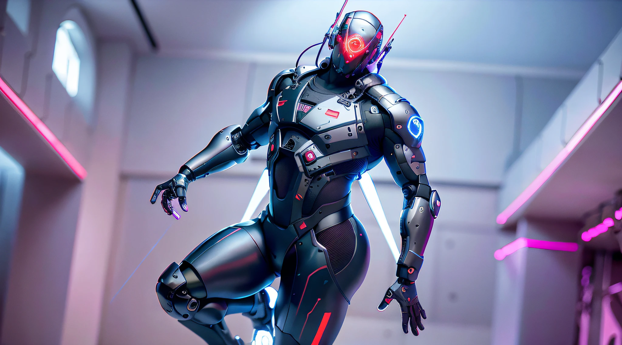 divine paradise. heavenly illumination. God. Holy robotic. Flying. Position of Jesus Christ. Floating in a cathedral. strong, robust and masculine body. fat arms. Position of divinity. Floating. flying. masterpiece, best quality, a close up of a futuristic looking cyborg man with a fantastic cyber helmet head with red and blue triangle led lights and a halo, full body, dancing. dance. synthwave ballad. silver pants. wearing a red and blue techwear jacket, white church in background. jump, full body, robotic legs.
