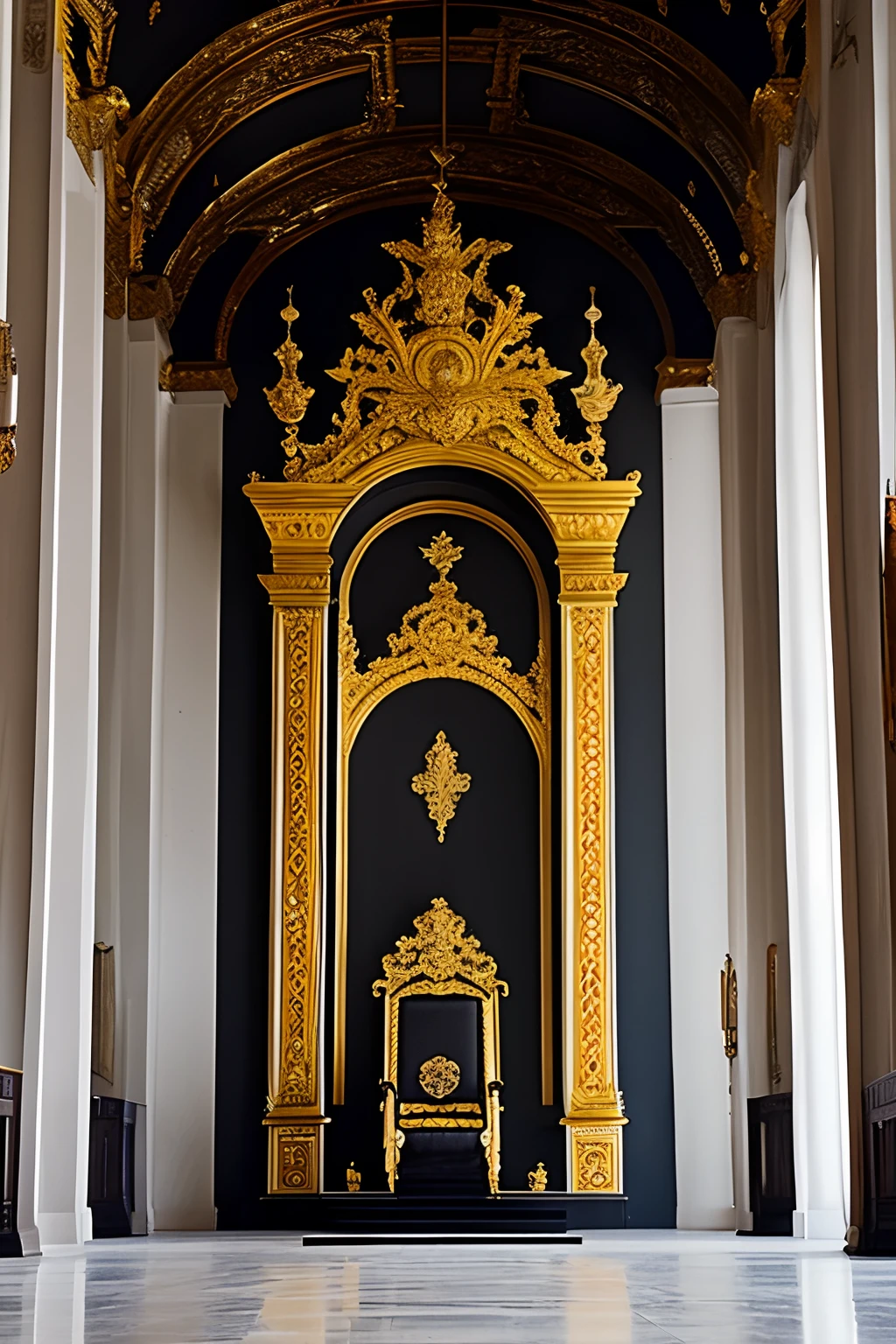 . 1 man, short black hair, gray eyes, standing behind an empty throne, in the middle of a large hall in the style of 18th century Russia.