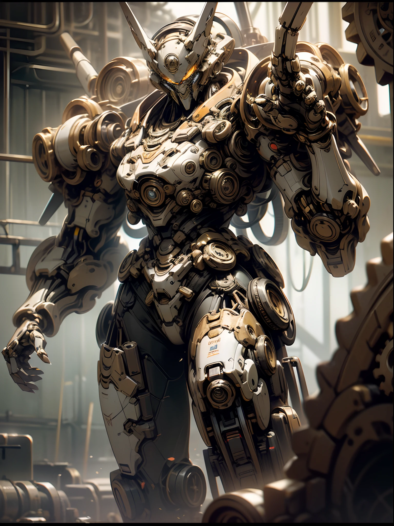 Mechanical steampunk-style mecha girl, made from mechanical parts, (mecha body), (mecha limbs), ((detailed face)), ((looking at camera)), gears and cogs, insane detail, ((dynamic pose)), cinematic lighting, steampunk background.