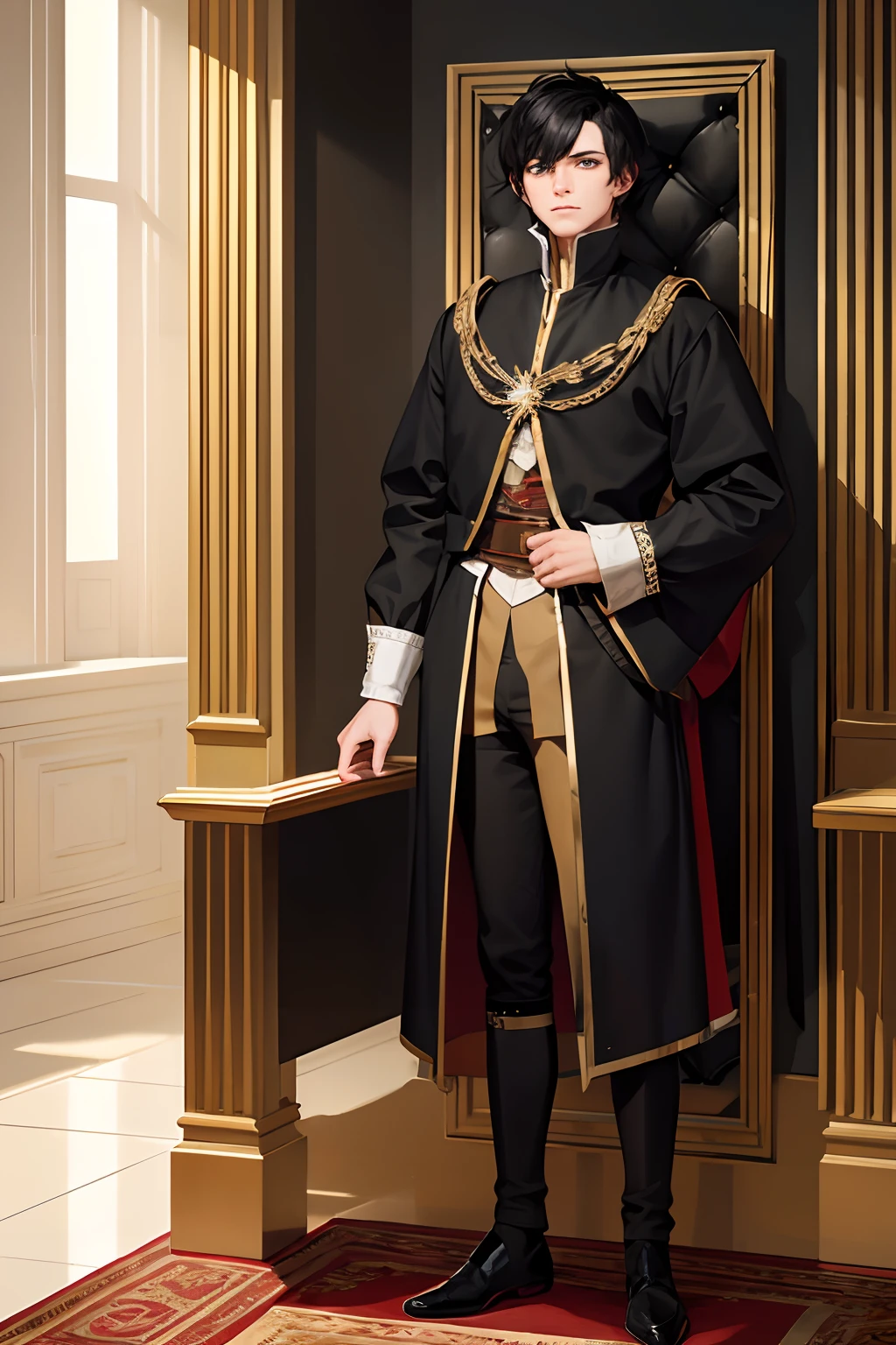 . 1 man, short black hair, gray eyes, standing behind an empty throne, in the middle of a large hall in the style of 18th century Russia.