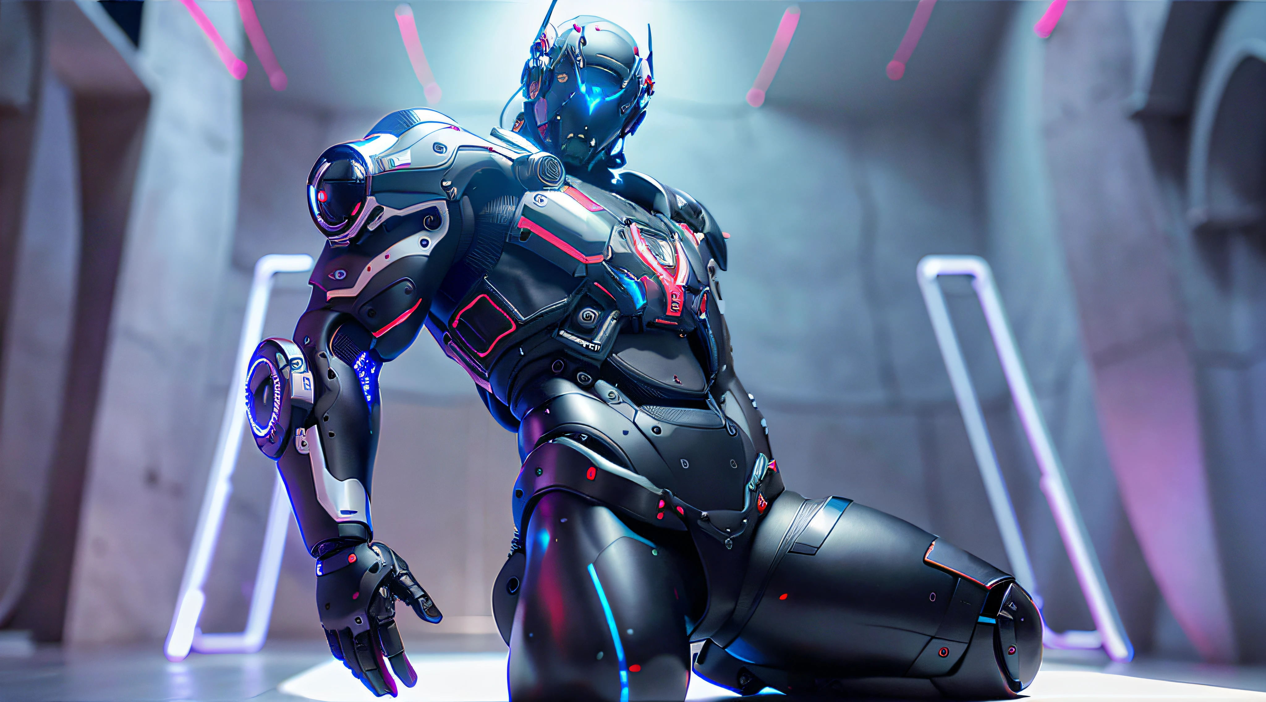 divine paradise. heavenly illumination. God. Holy robotic. Flying. Position of Jesus Christ. Floating in a cathedral. strong, robust and masculine body. fat arms. Position of divinity. Floating. flying. masterpiece, best quality, a close up of a futuristic looking cyborg man with a fantastic cyber helmet head with red and blue triangle led lights and a halo, full body, dancing. dance. synthwave ballad. silver pants. wearing a red and blue techwear jacket, white church in background. jump, full body, robotic legs.