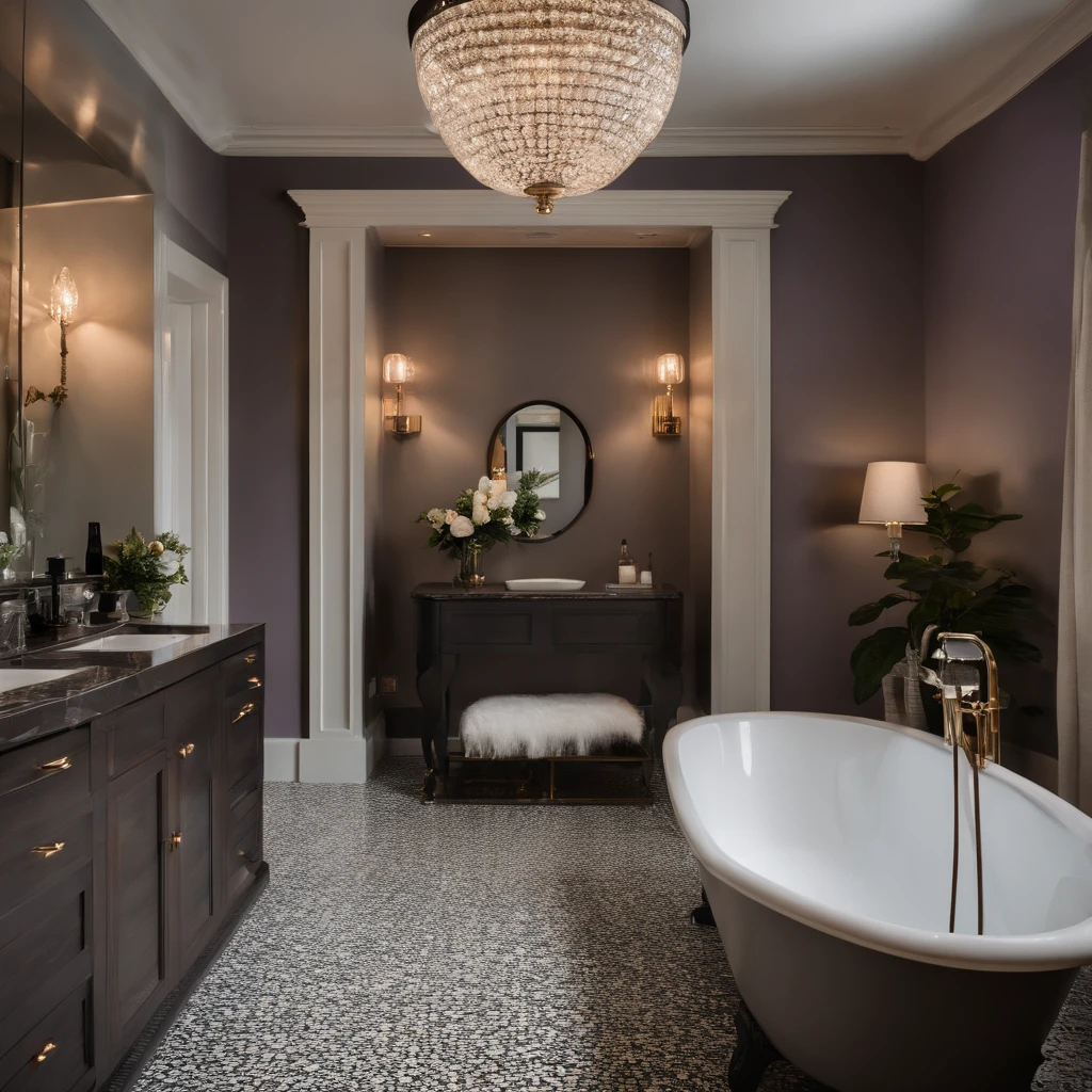 (elegant bathroom),(cinematic shot),lady entering the shower,detailed tiles and marble,high-end fixtures and fittings,soft warm lighting,calming atmosphere,beautifully designed vanity area,meticulously crafted cabinetry,sparkling clean glass shower door,rainfall shower head,subtle aroma of lavender,tranquil ambient music,airy and spacious,the sound of water cascading,relaxing steam rising,distinctive patterned floor tiles,gleaming chrome accents,thoughtfully curated bathroom accessories,intimate and private,sleek and modern design,muted color palette,endless moments of relaxation and rejuvenation,indulgent experience,five-star quality,unwind and escape the world,a place of pure luxury and indulgence,impeccable attention to detail,serene and sophisticated,private oasis for self-care,meticulously maintained space,vintage-inspired clawfoot tub,dramatic feature lighting,exquisite textures and finishes,contemporary art pieces adorning the walls,pampering in style.