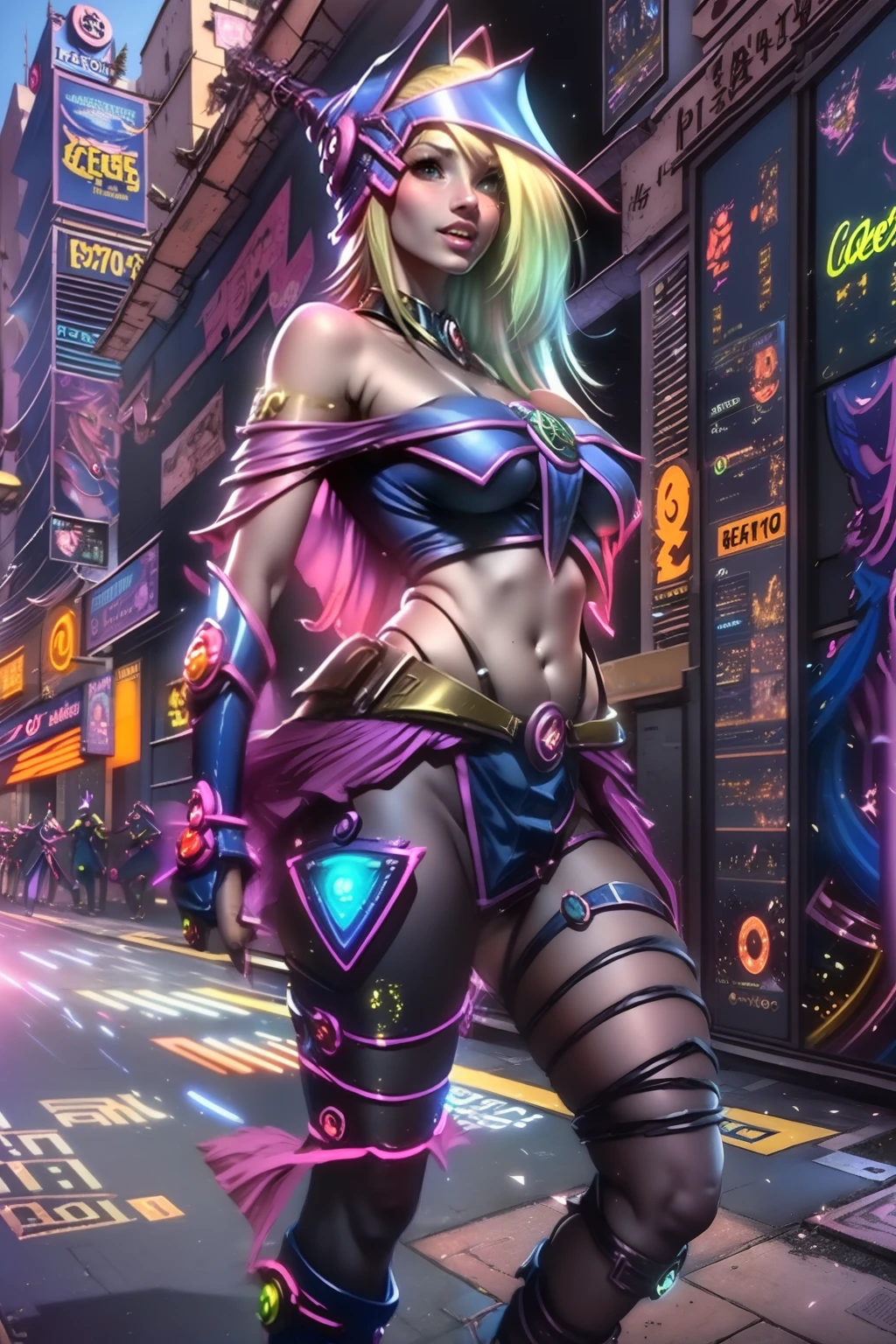 (Foto RAW, La mejor caliDaD, Obra maestra:1.2), (realista, fotorrealista:1.4),(Obra maestra:1.4),(La mejor caliDaD:1.4), ((Sexy Cyberpunk dark magician girl cat)), pechos granDes, :D, (flequillo), sonrojarse, ((coloured body harness)), ((dynamic  pose)), Disparo De vaquero, (((Cyberpunk City Streets AnteceDentes))), Ingesta De cabello, ((Cabello largo sin forma)), bright neon accents, MiranDo al espectaDor, bloqueos laterales, They are smiling, (((Brecha entre el muslo))), Muslos, colas gemelas, Pelo muy largo, cabello multicolor, Alice \(cabeceo\),(piel brillante),realista.
