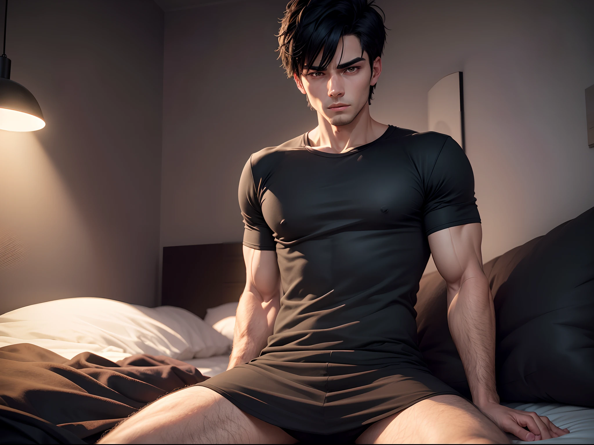 realistic 8k image of a strong 25 year old man, with short black hair combed to the side, extremely detailed eyes, scared expression, dressed in casual black clothes, sitting on a bed in a simple apartment, night scene, anime style art