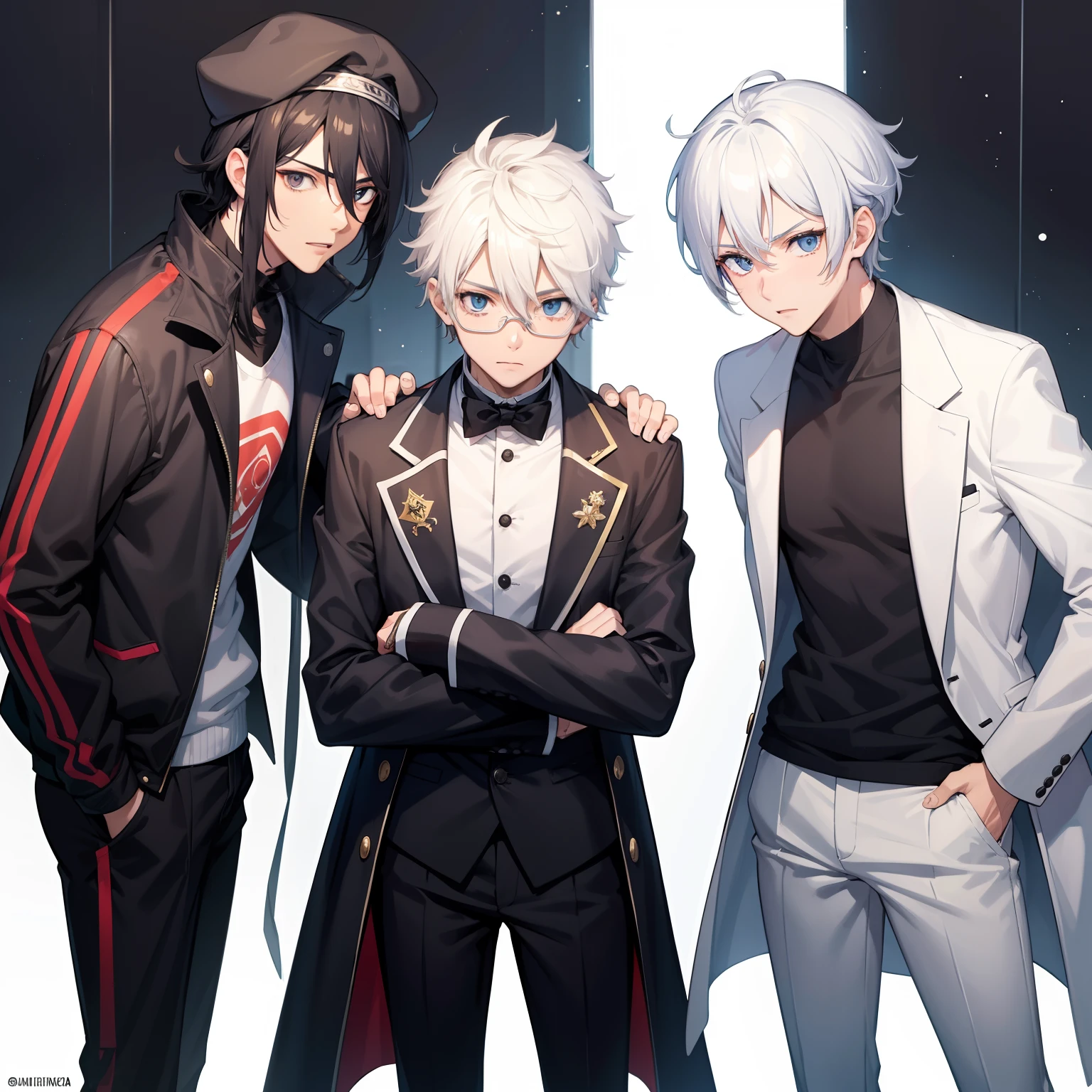 three boys, One of them wears a backwards cap and has black hair, em estilo anime. One of them wears a white suit and white pants with black sneakers and has white hair, em estilo anime. another wears an open white coat and on his head has a crown and on his face has sunglasses and has blond hair. personagem estilo anime, como um personagem de anime, ****** anime.