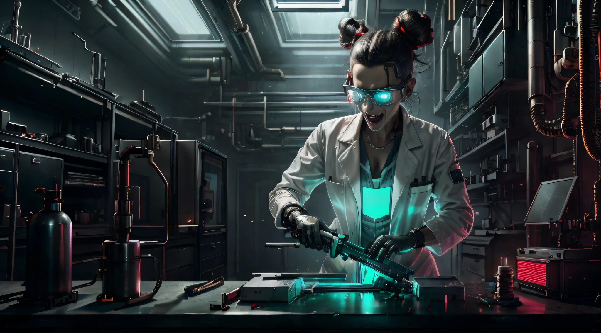 RAW full portrait of a mad scientist woman opening a medium metal box with a saw, laboratory room, protection goggles, scientist suit, laughing, cyberpunkai, expressionism, backlighting, hair bun, artstation, award winnig, (photorealistic:1.2), unreal engine, sharp focus, 8k uhd, shot with Canon EOS 5D Mark IV