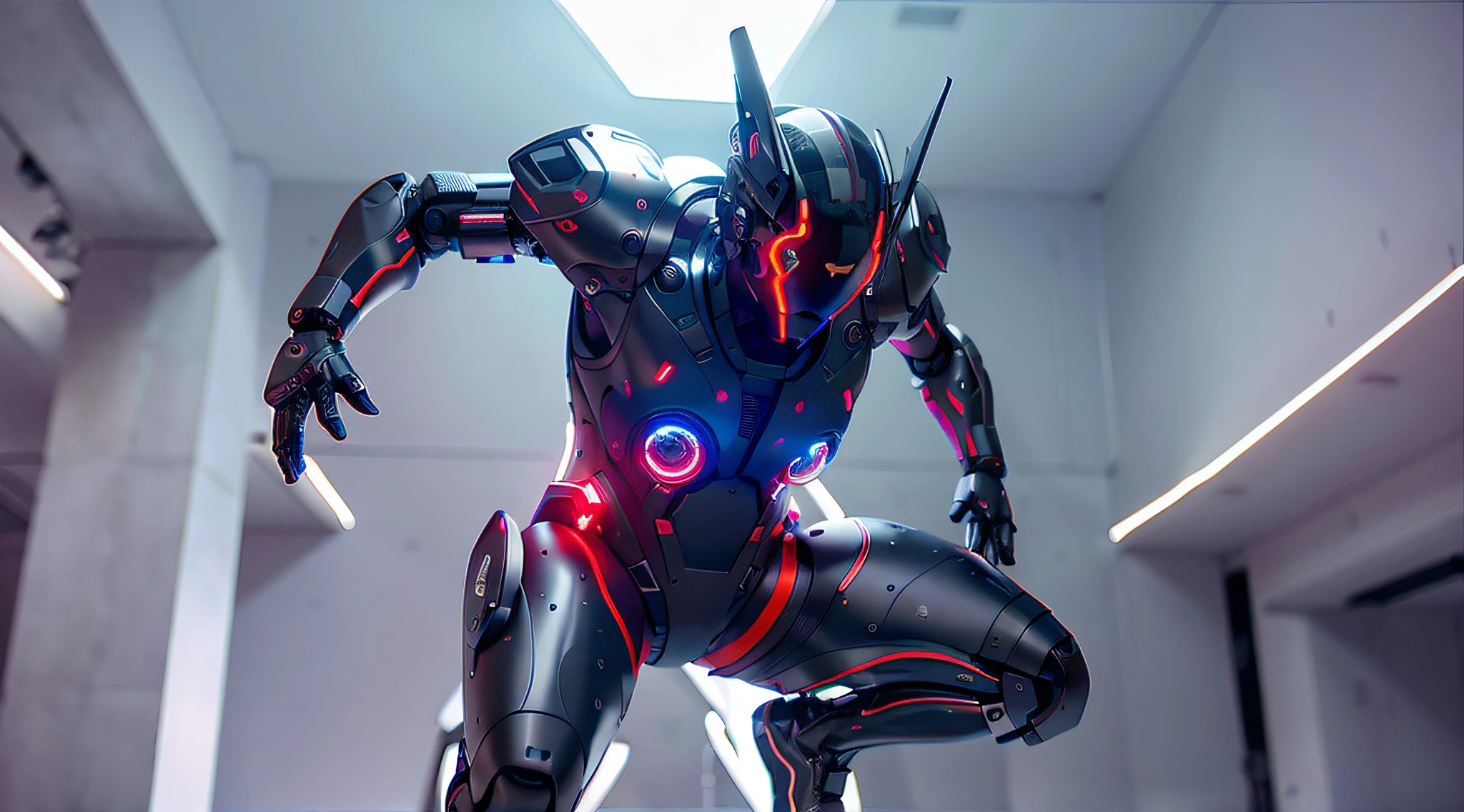 divine paradise. heavenly illumination. God. Holy robotic. Flying. Position of Jesus Christ. Floating in a cathedral. strong, robust and masculine body. fat arms. Position of divinity. Floating. flying. masterpiece, best quality, a close up of a futuristic looking cyborg man with a fantastic cyber helmet head with red and blue triangle led lights and a halo, full body, dancing. dance. synthwave ballad. silver pants. wearing a red and blue techwear jacket, white church in background. jump, full body, robotic legs.