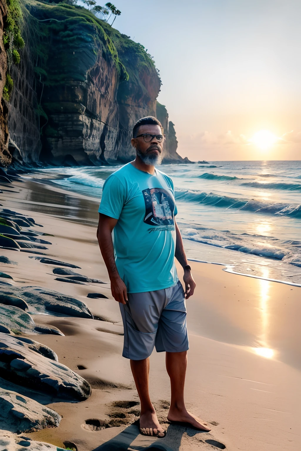 guttoepic2,  a man wearing glasses, vestindo uma camiseta regata, bermuda e chinelos. He's standing, de corpo inteiro, dentro de uma garrafa de vidro gigante em uma praia de areia branca com ondas suaves. A cena deve ser detalhada, destacando o homem, suas roupas e a garrafa de vidro, bem como a beleza da praia com suas areias brancas e o mar calmo. The lighting should reflect a sunny and quiet day. Por favor, provide a vivid and captivating description of the scene.